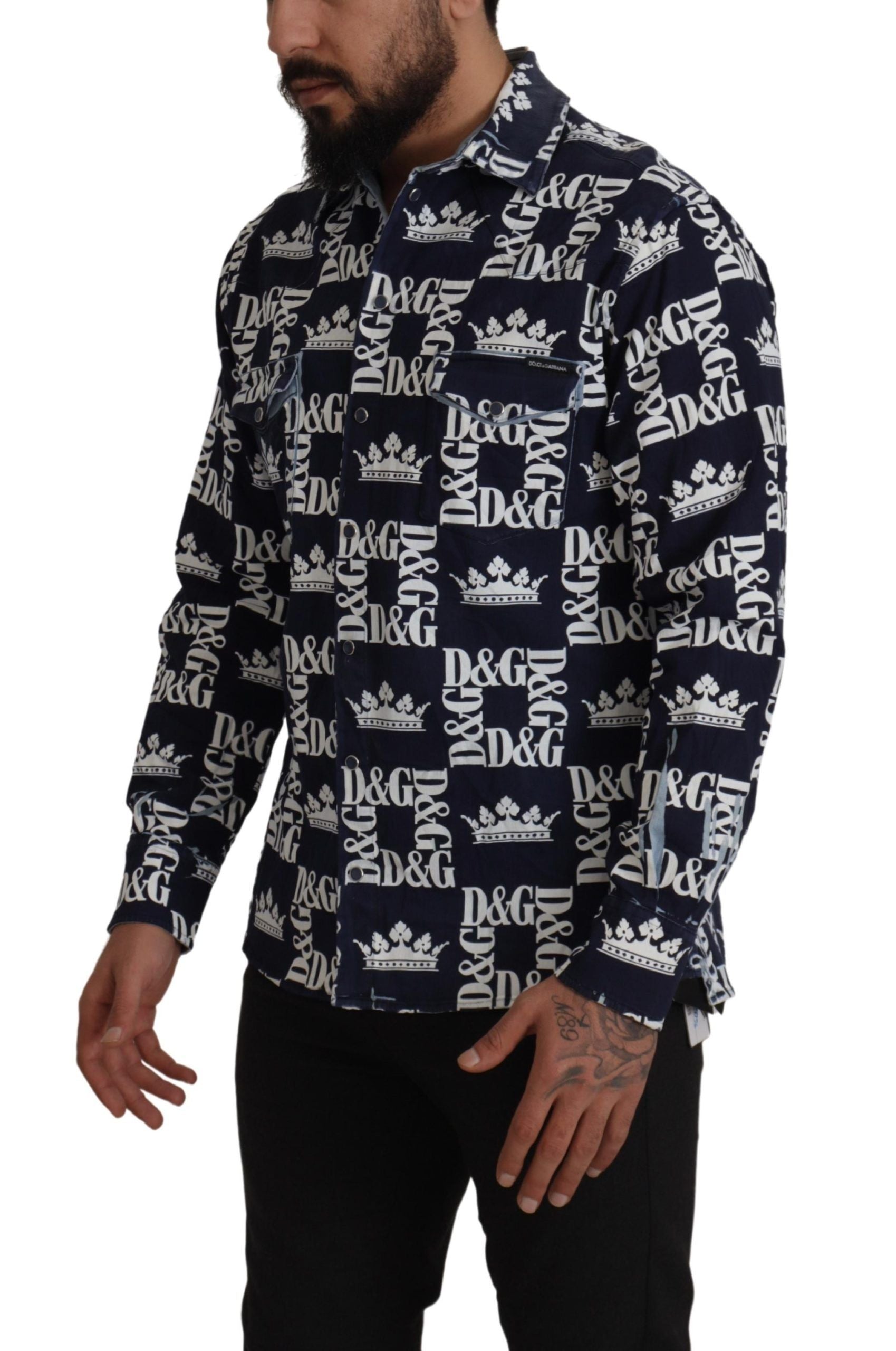 Blauw denim stretch DG Crown Logo casual overhemd