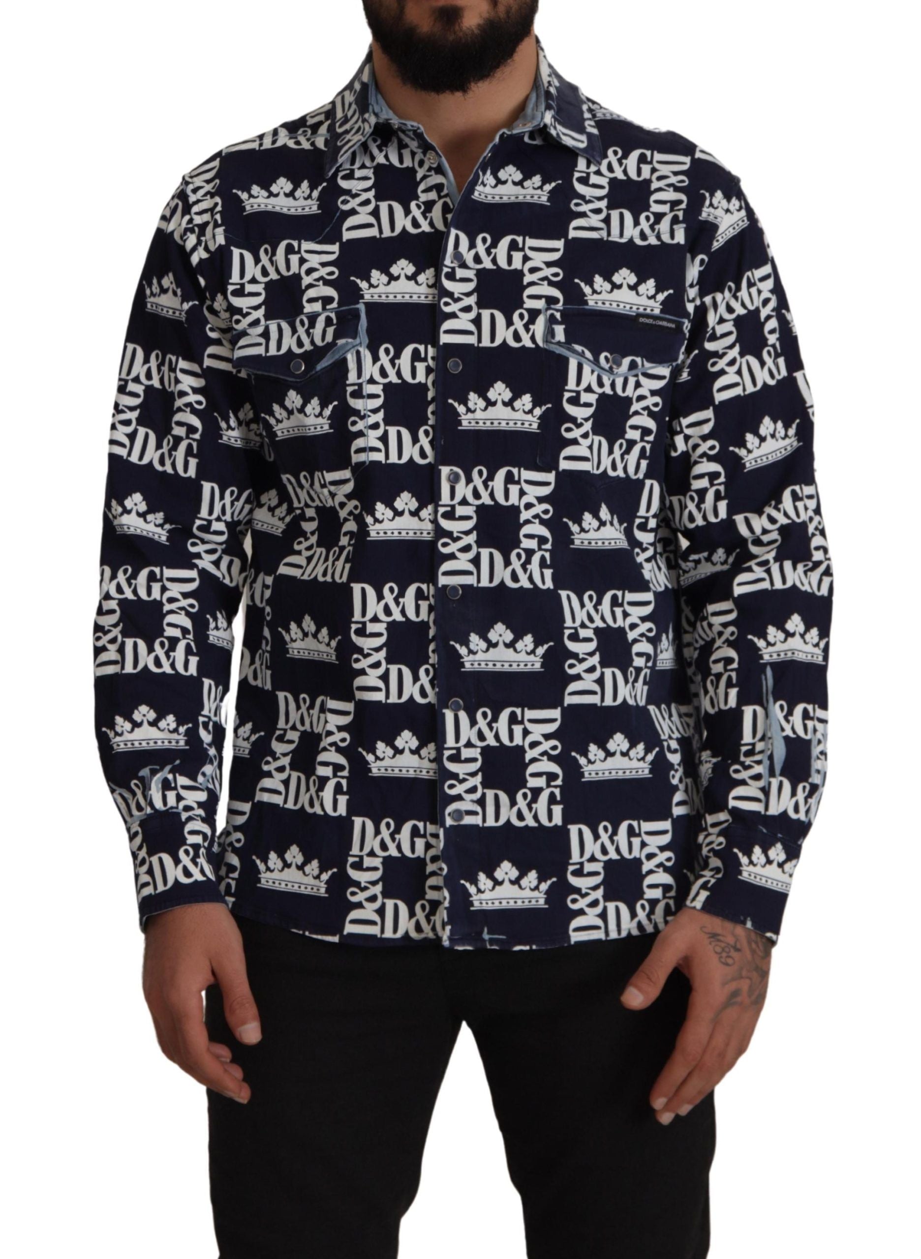 Blauw denim stretch DG Crown Logo casual overhemd