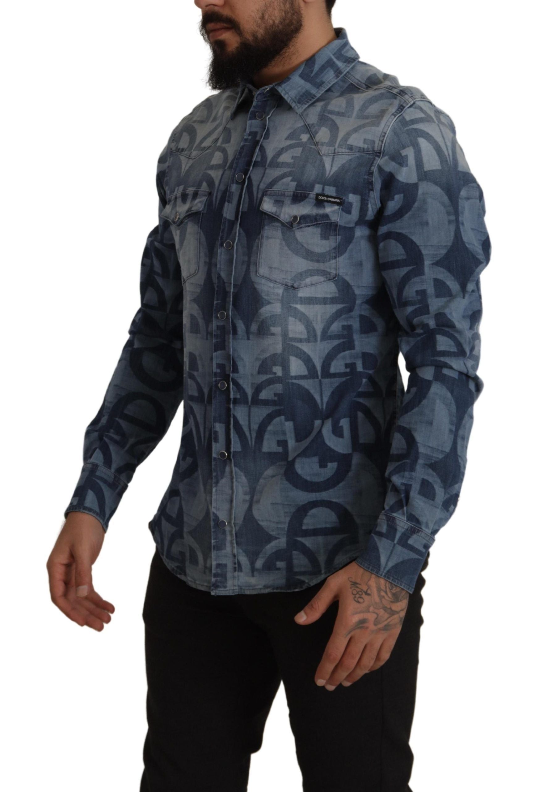 Blauw denim stretch DG logo casual heren slim overhemd