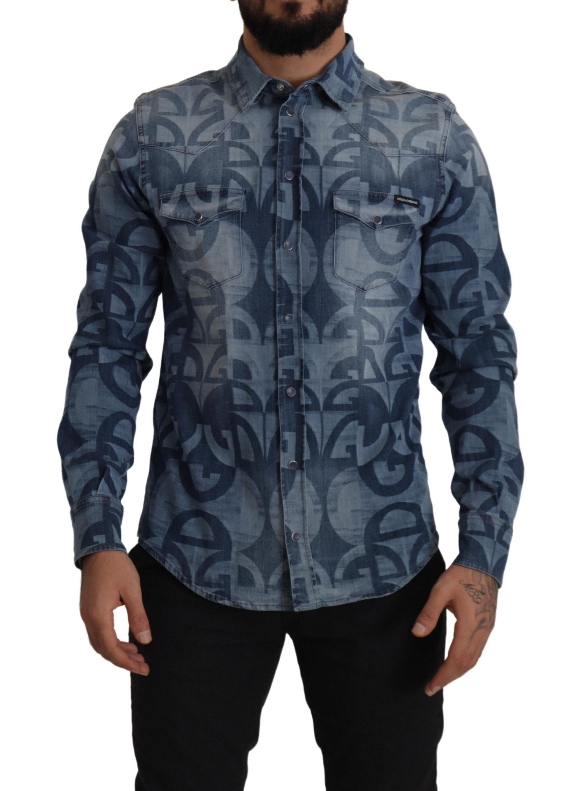 Blauw denim stretch DG logo casual heren slim overhemd