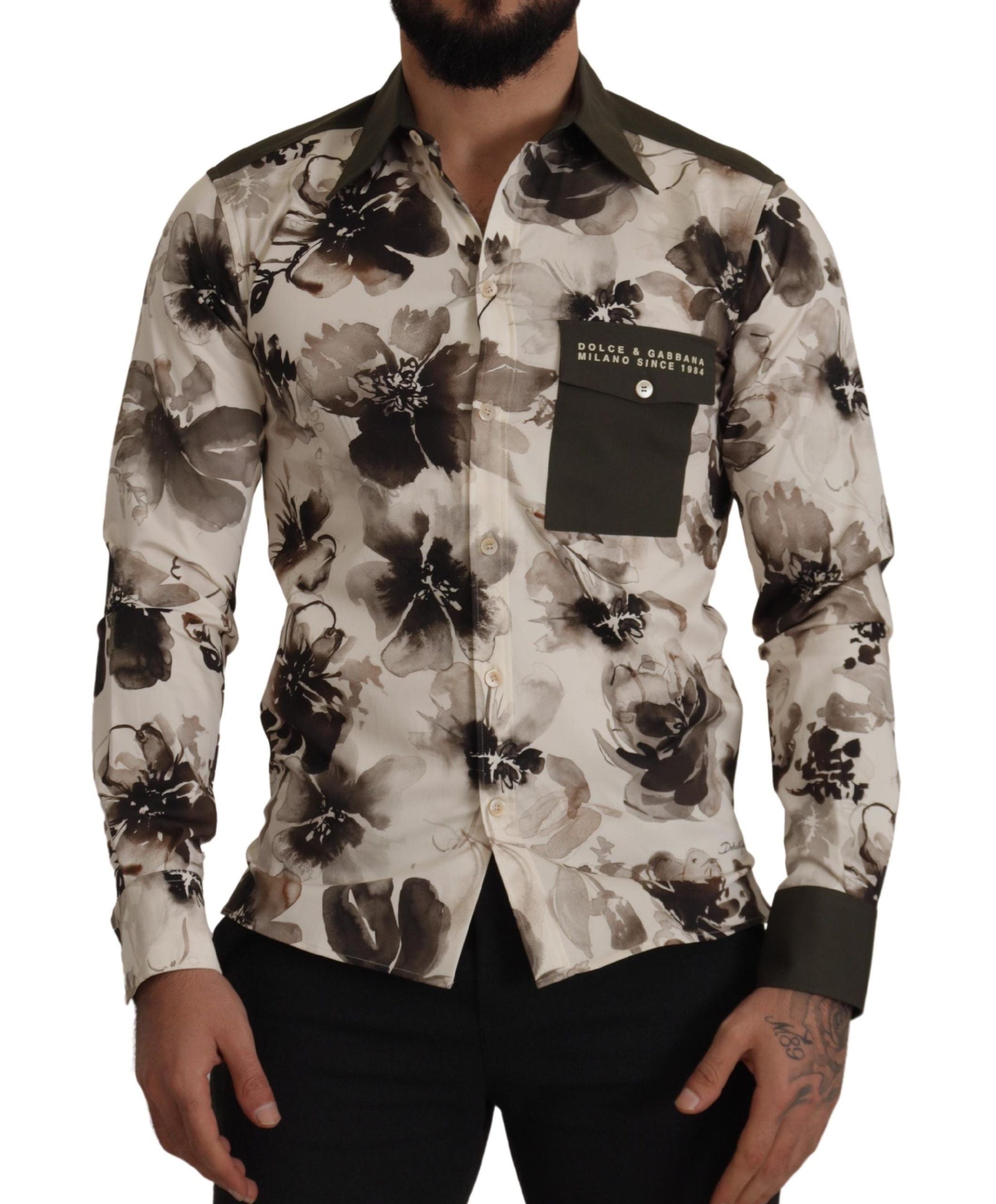 Groenbeige bloemen katoenen stretch exclusief overhemd
