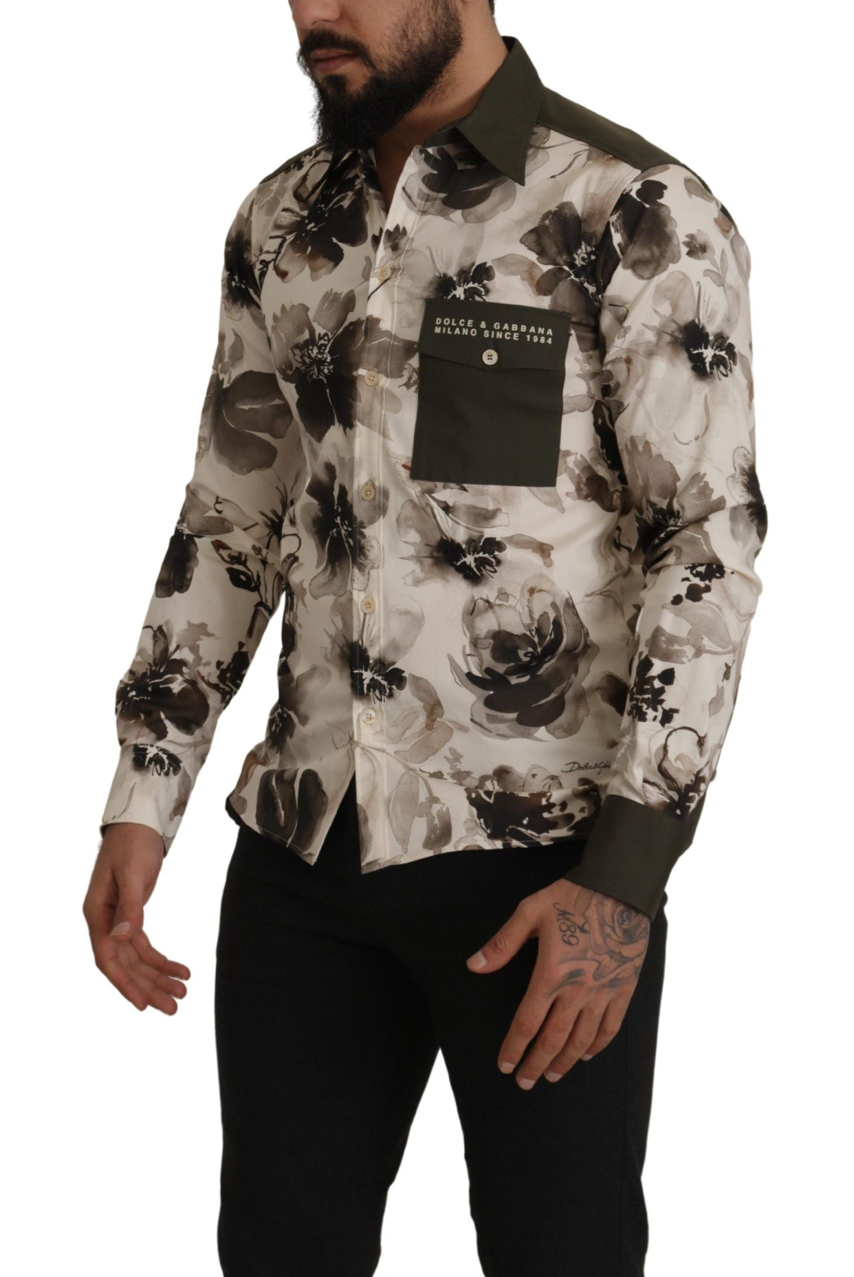 Groenbeige bloemen katoenen stretch exclusief overhemd