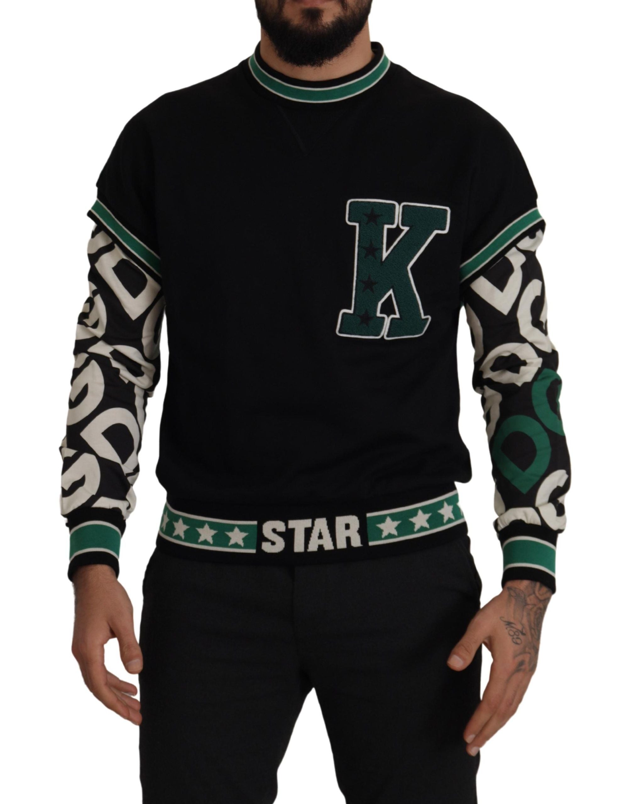 Zwarte groene katoenen KING Star ronde hals trui