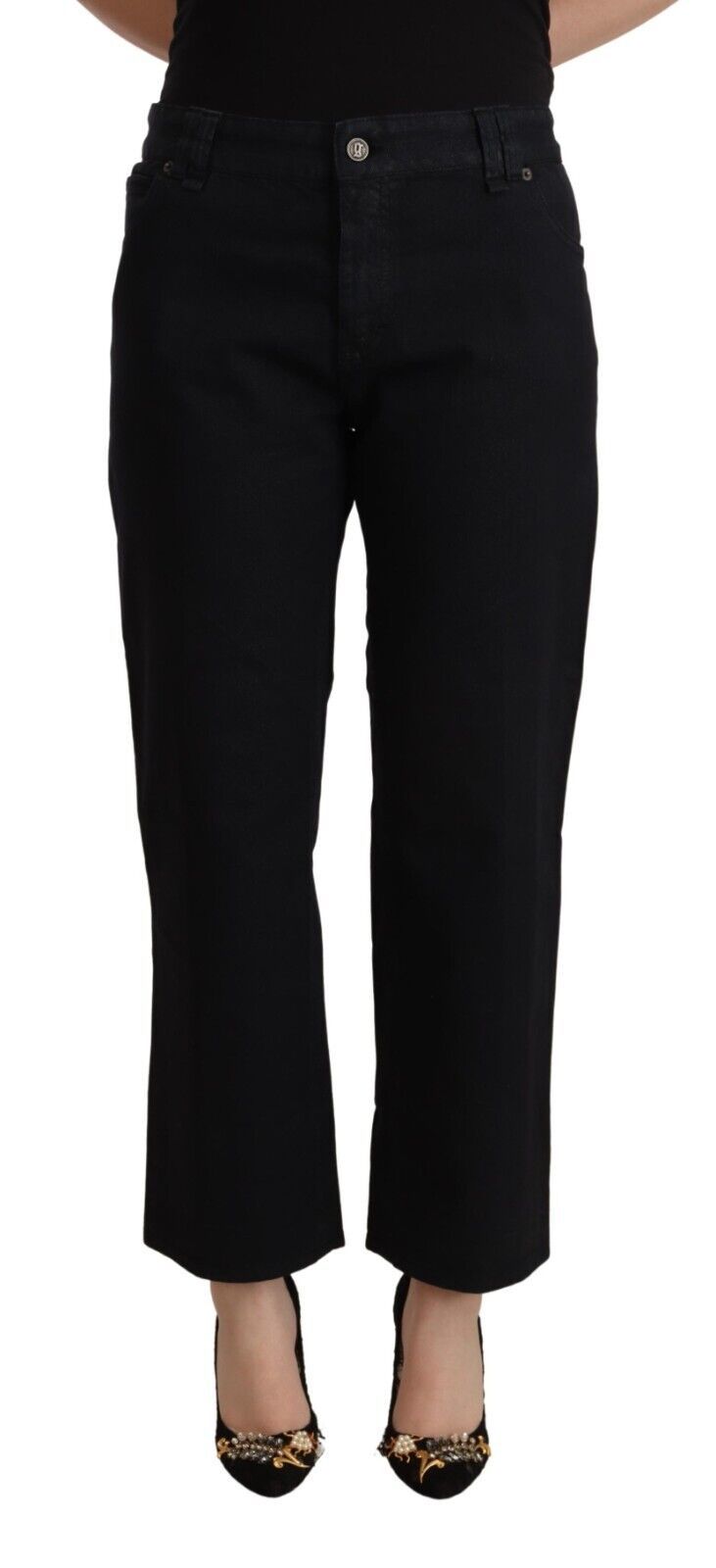 Zwarte katoenen flared cropped high waist denim jeans