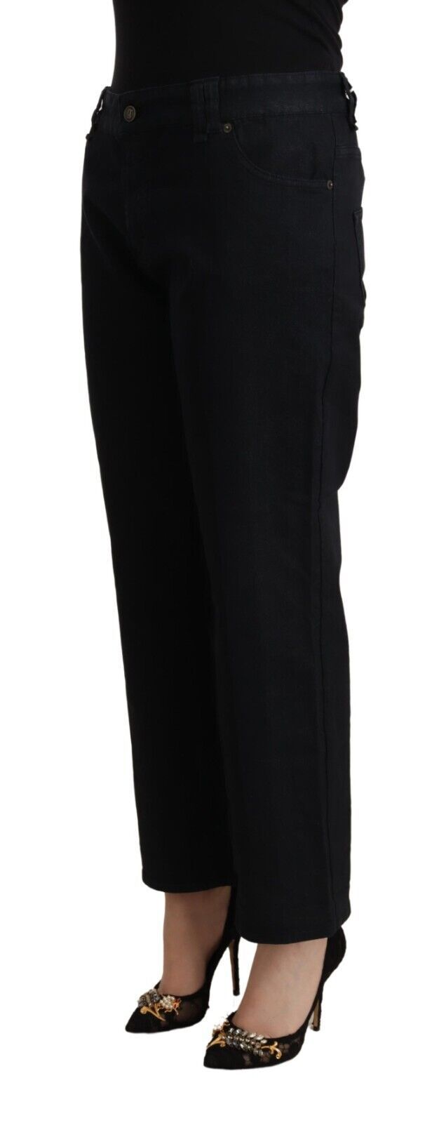 Zwarte katoenen flared cropped high waist denim jeans