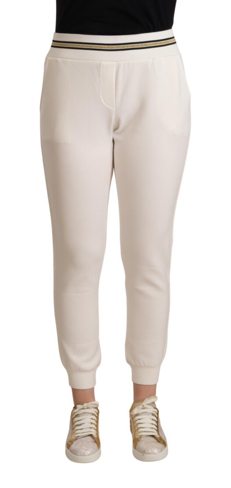Witte polyester joggingbroek met middelhoge taille