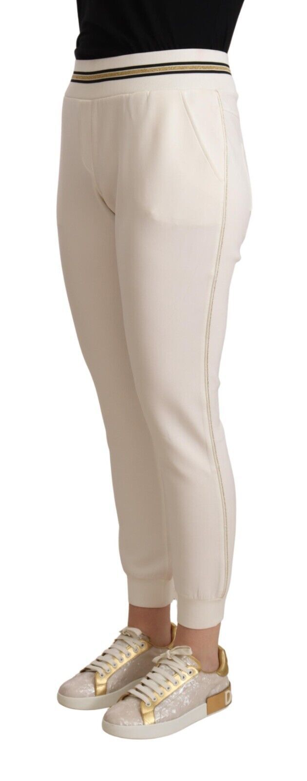 Witte polyester joggingbroek met middelhoge taille