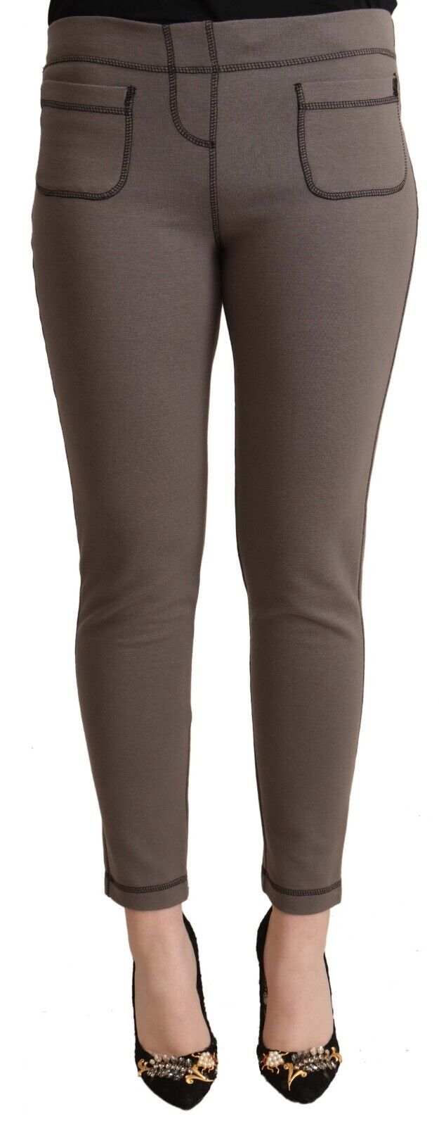 Grijze katoenen stretch legging met middelhoge taille en cropped broek