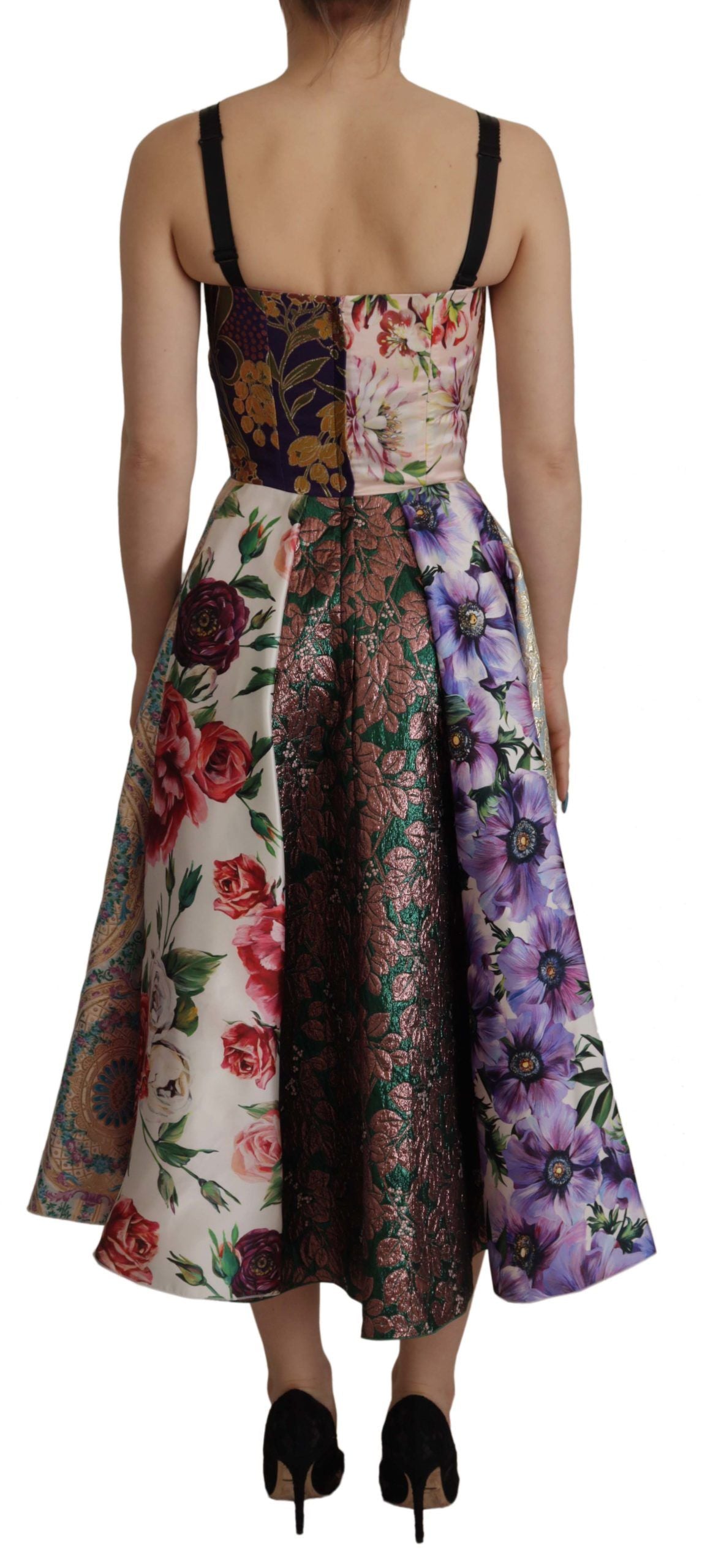 Jurk Midi Patchwork Bloemen Jaquard Zijde