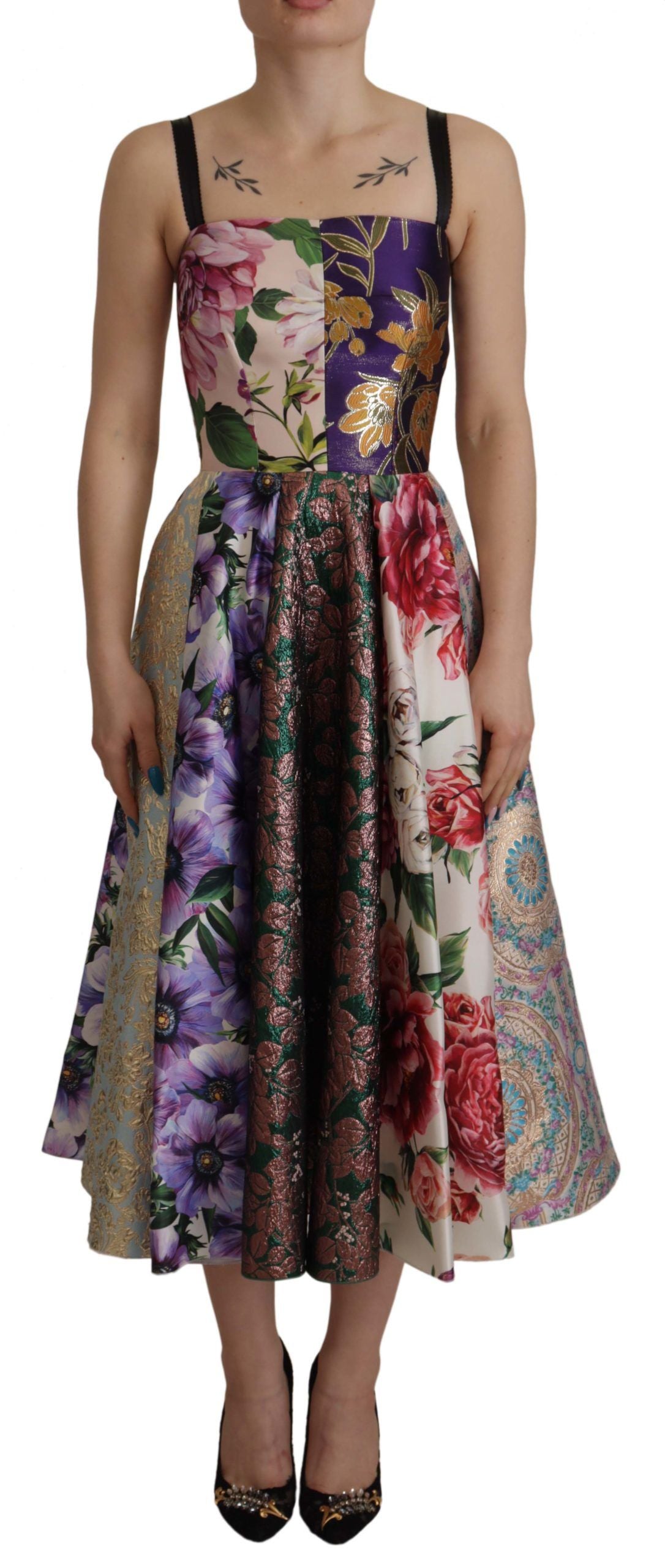 Jurk Midi Patchwork Bloemen Jaquard Zijde