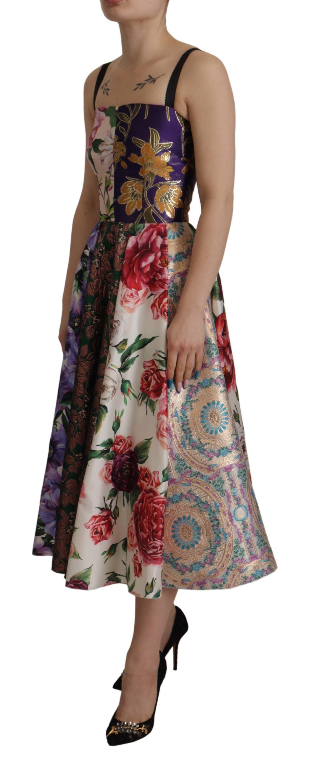 Jurk Midi Patchwork Bloemen Jaquard Zijde