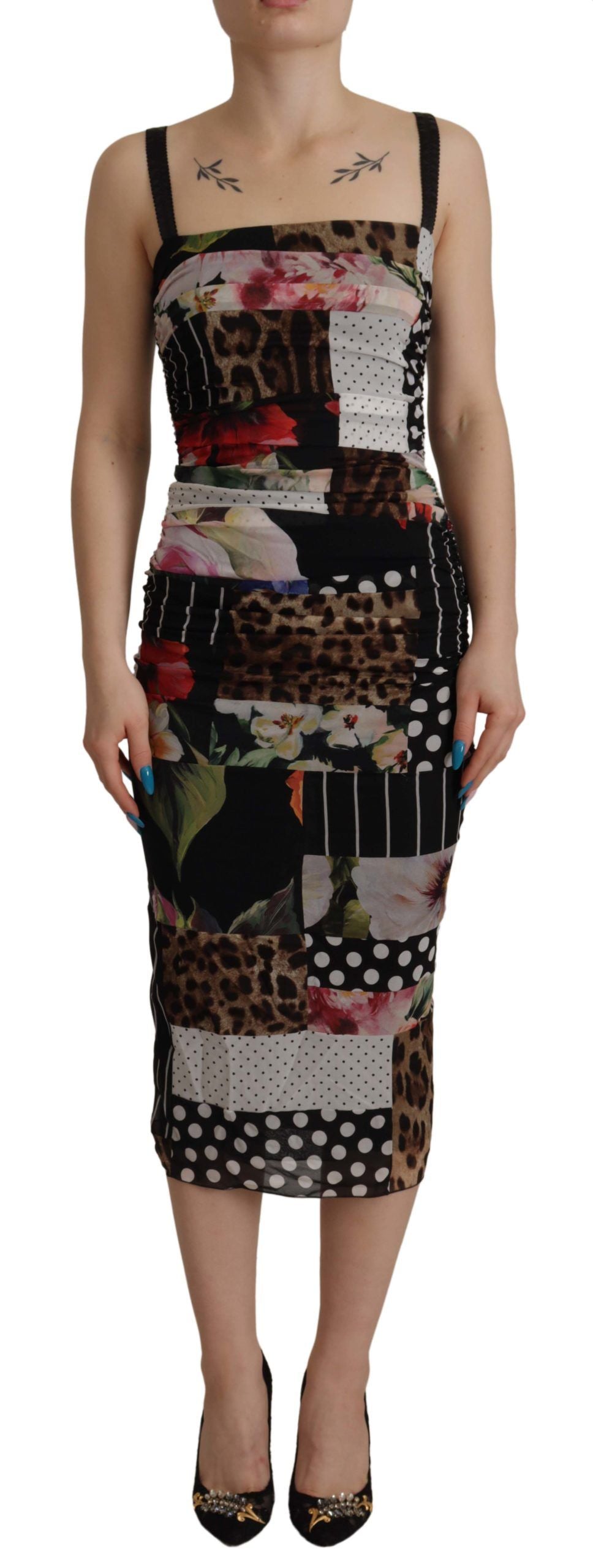 Multicolor Pachwork Midi Floral Zijden Luipaard Bodycon Jurk