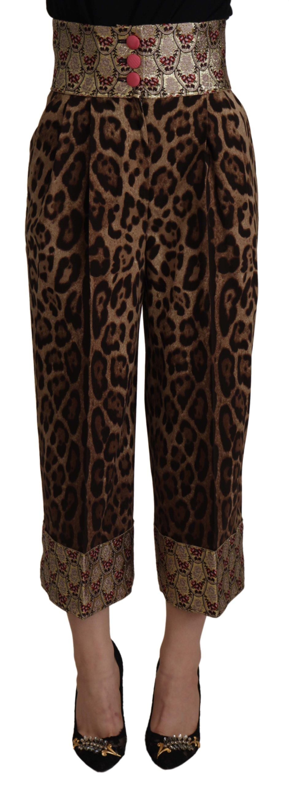 Bruine luipaardgouden jacquard hoge taille broek