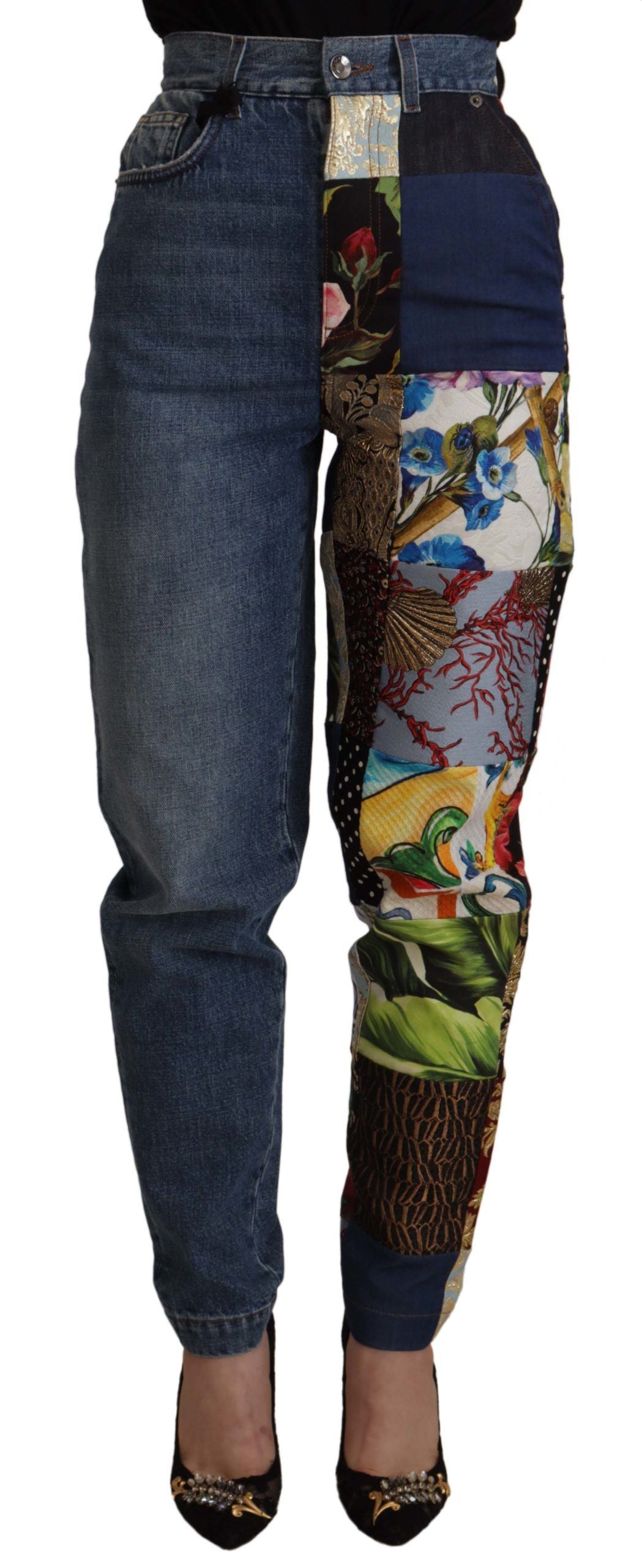 Blauwe jeans jacquard majolica hoge taille broek