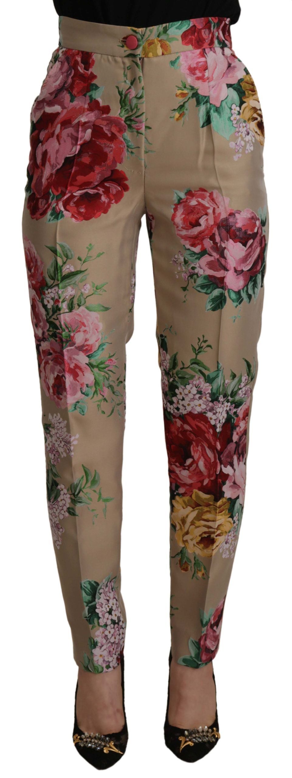 Beige bloemenjurk, formele hoge taille broek
