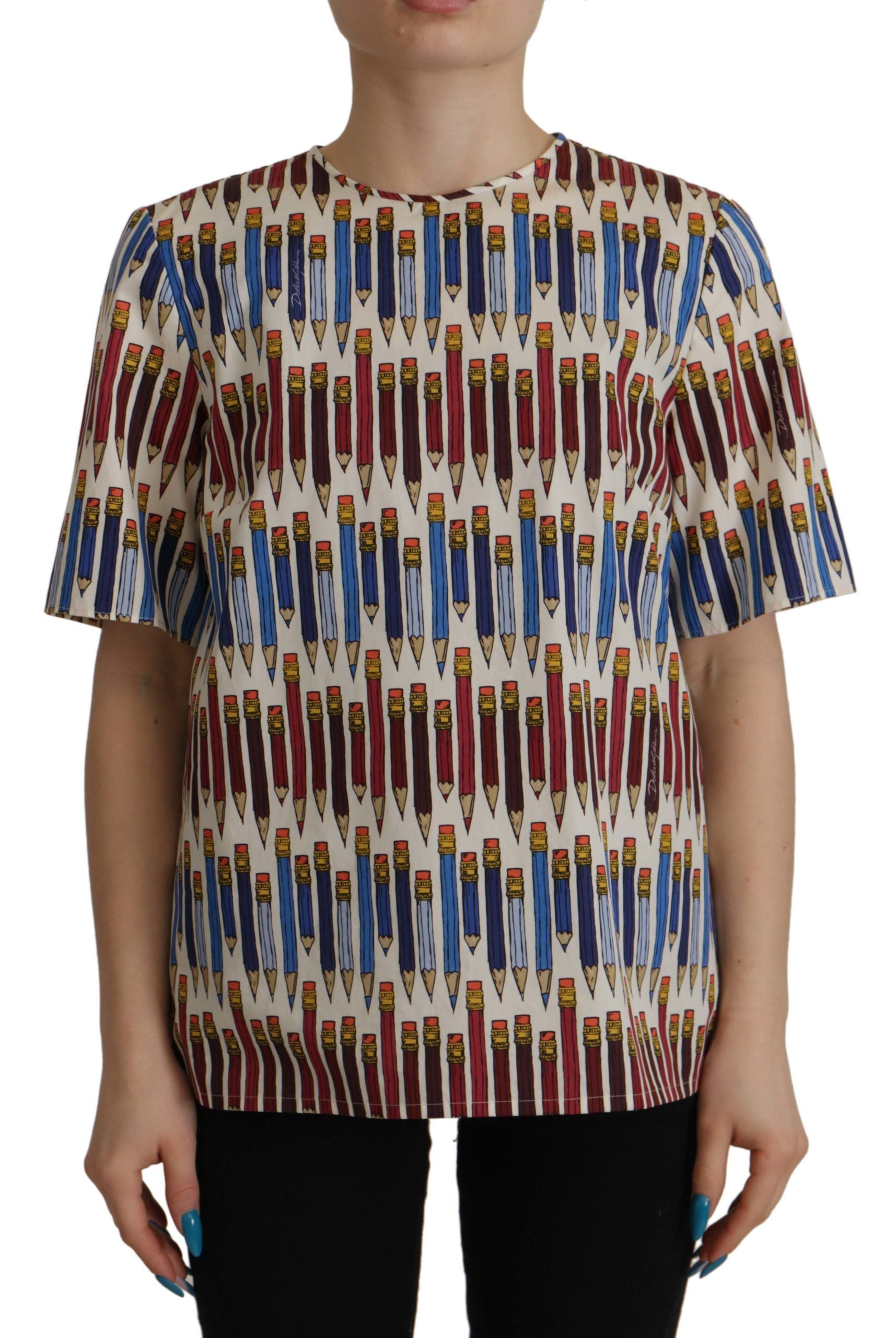 Witte katoenen T-shirtblouse met potloodprint