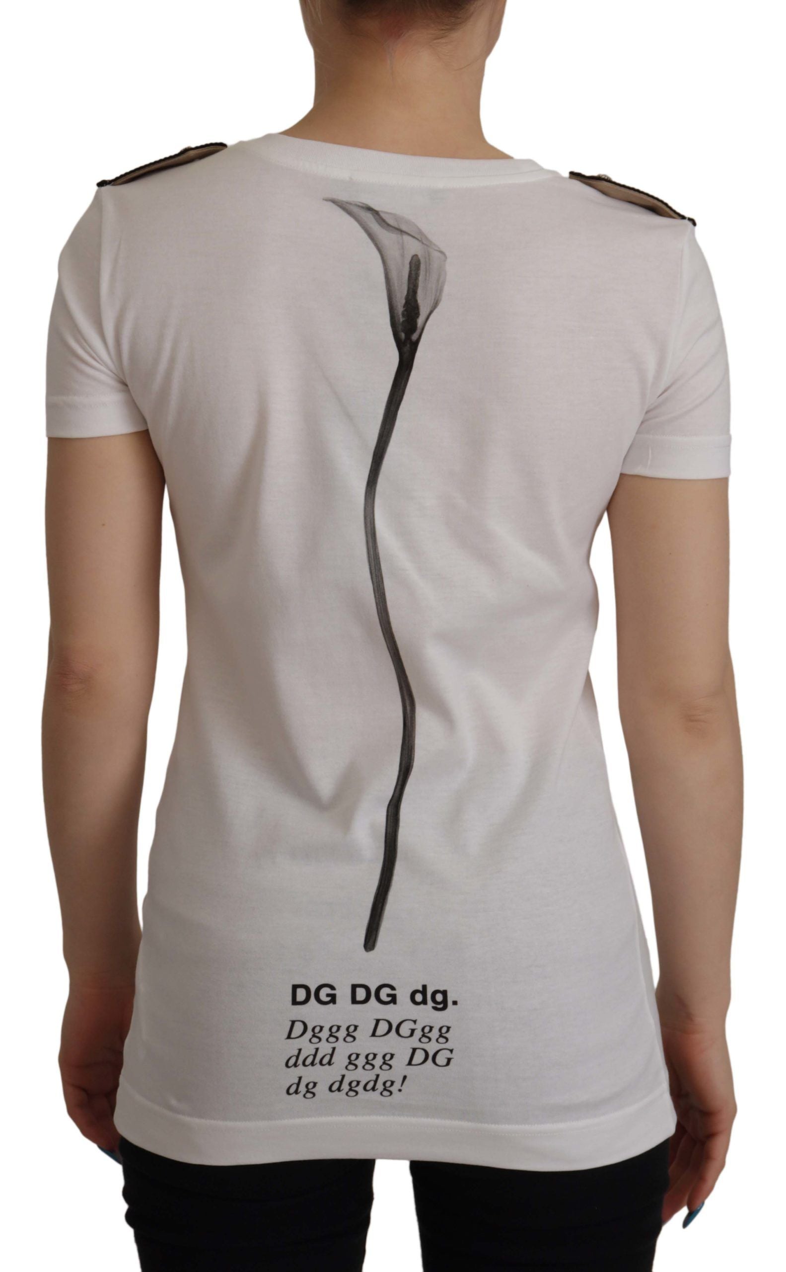 Wit zwart rozen ronde hals katoenen T-shirt
