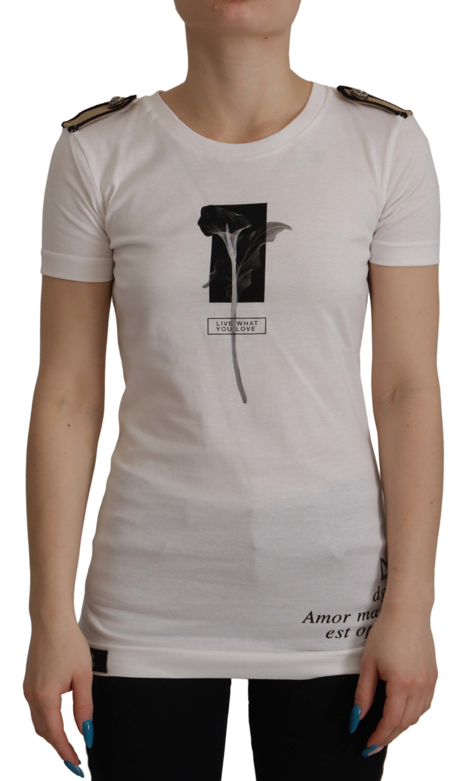 Wit zwart rozen ronde hals katoenen T-shirt