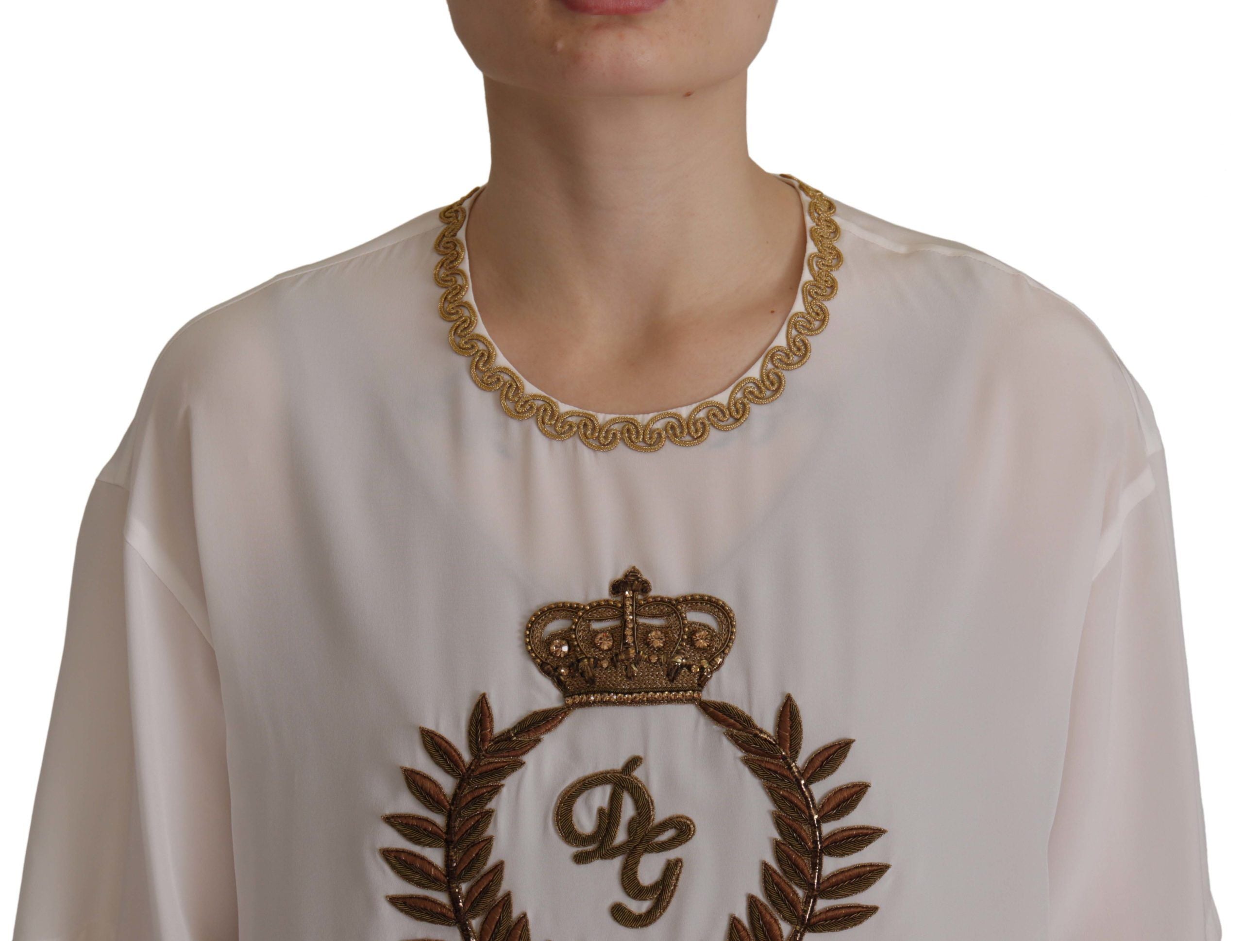 Witte zijden goudkleurige DG Crown Crystal blouse top