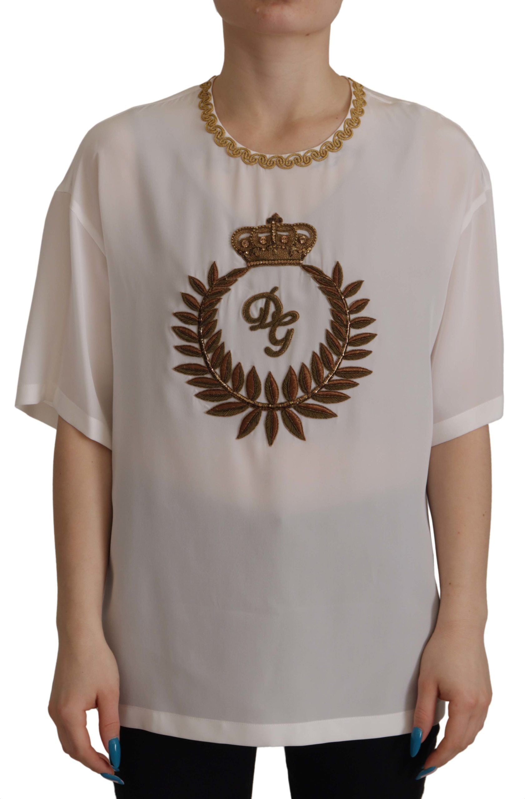 Witte zijden goudkleurige DG Crown Crystal blouse top