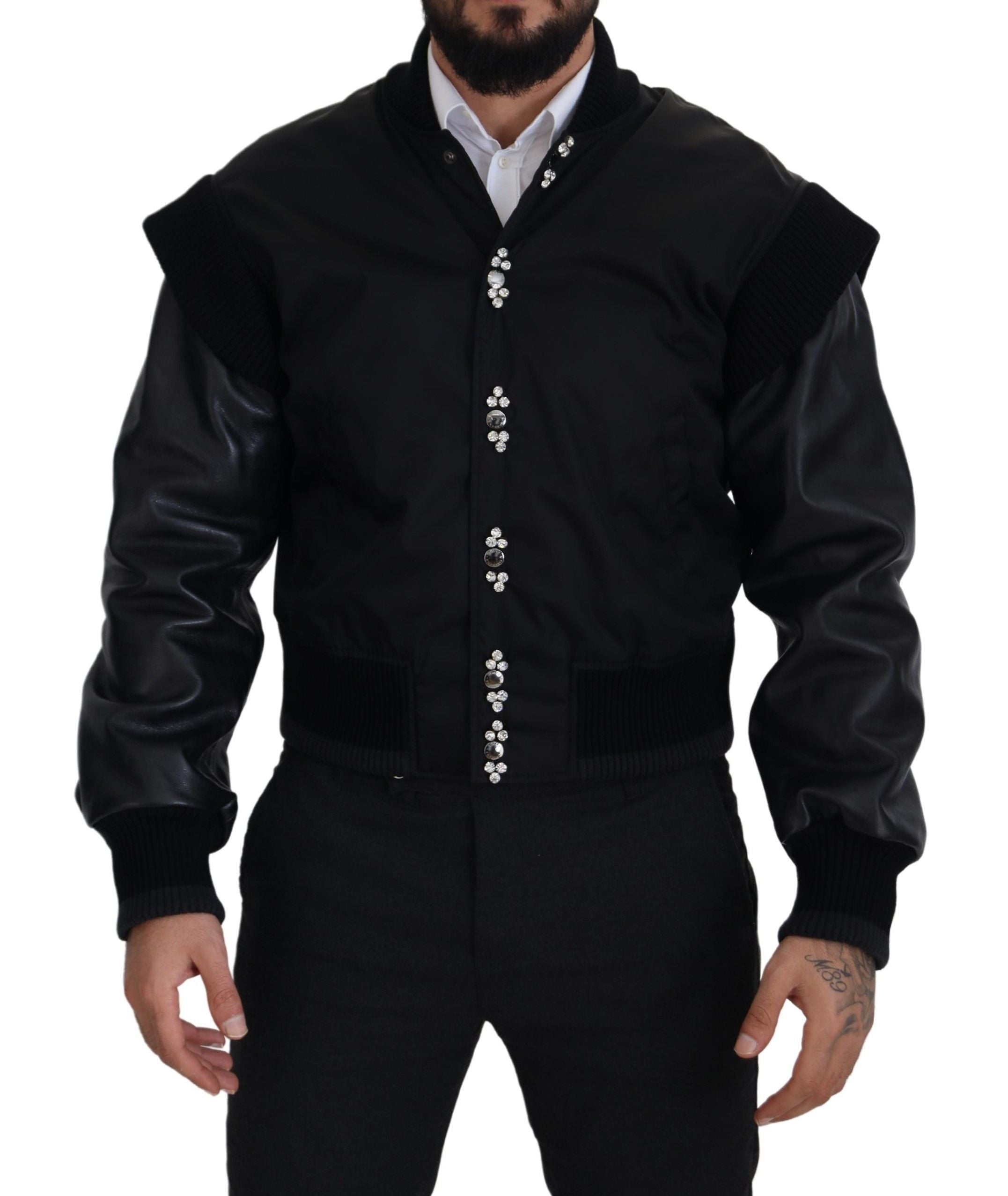 Zwarte nylon kristallen jas met knopen
