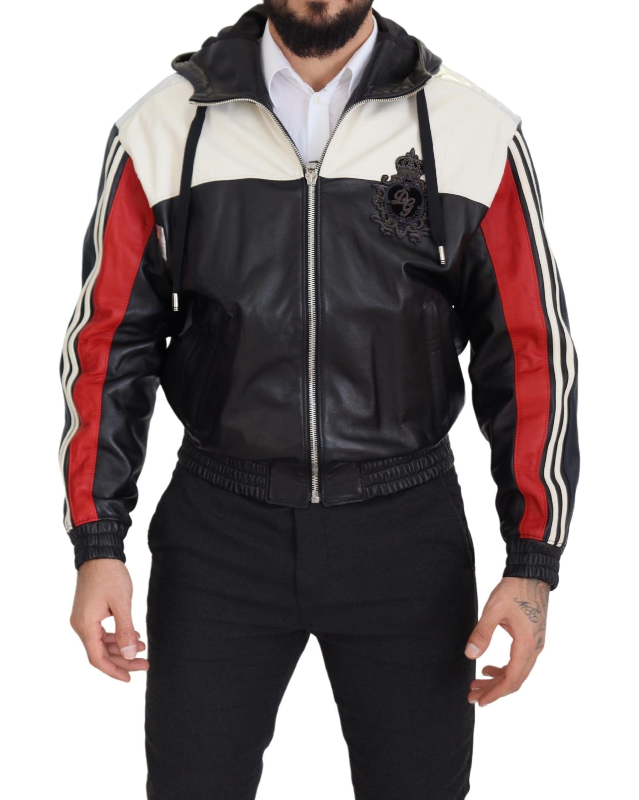Zwarte leren blousonjas met capuchon