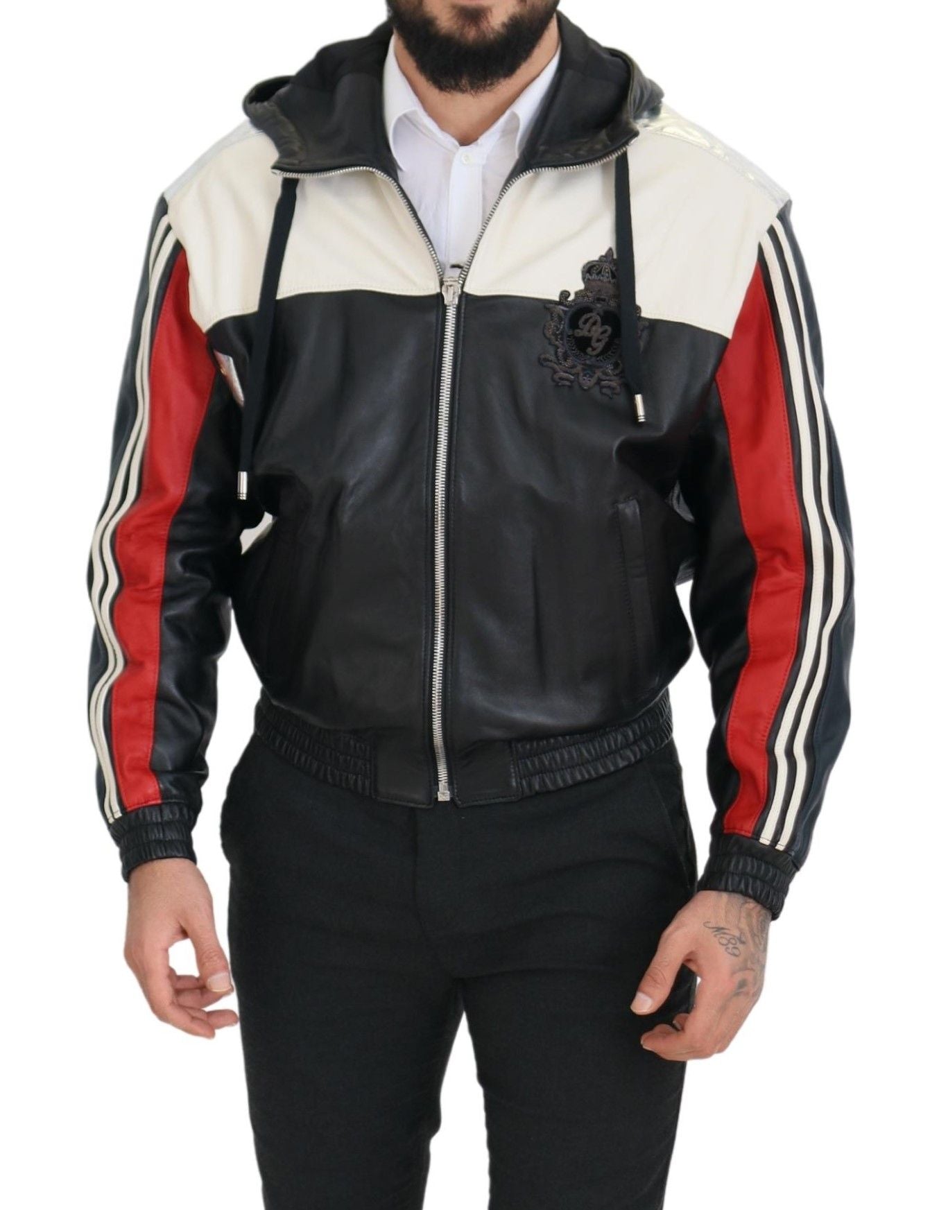 Zwarte leren blousonjas met capuchon