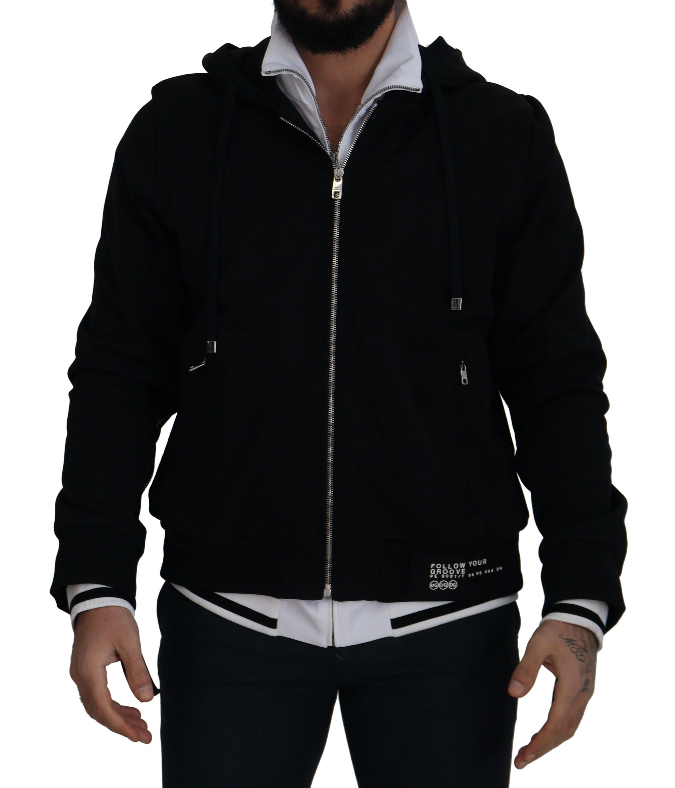 Zwarte polyester capuchonjas met volledige ritssluiting
