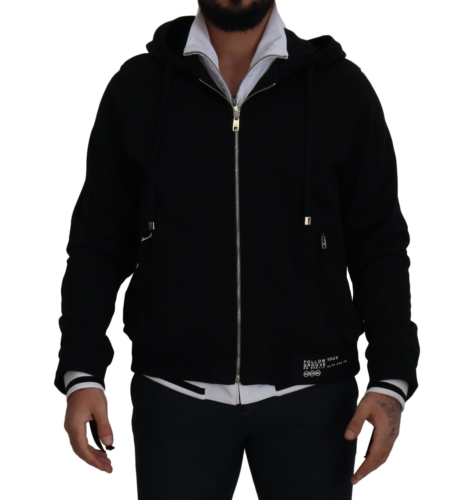 Zwarte polyester capuchonjas met volledige ritssluiting