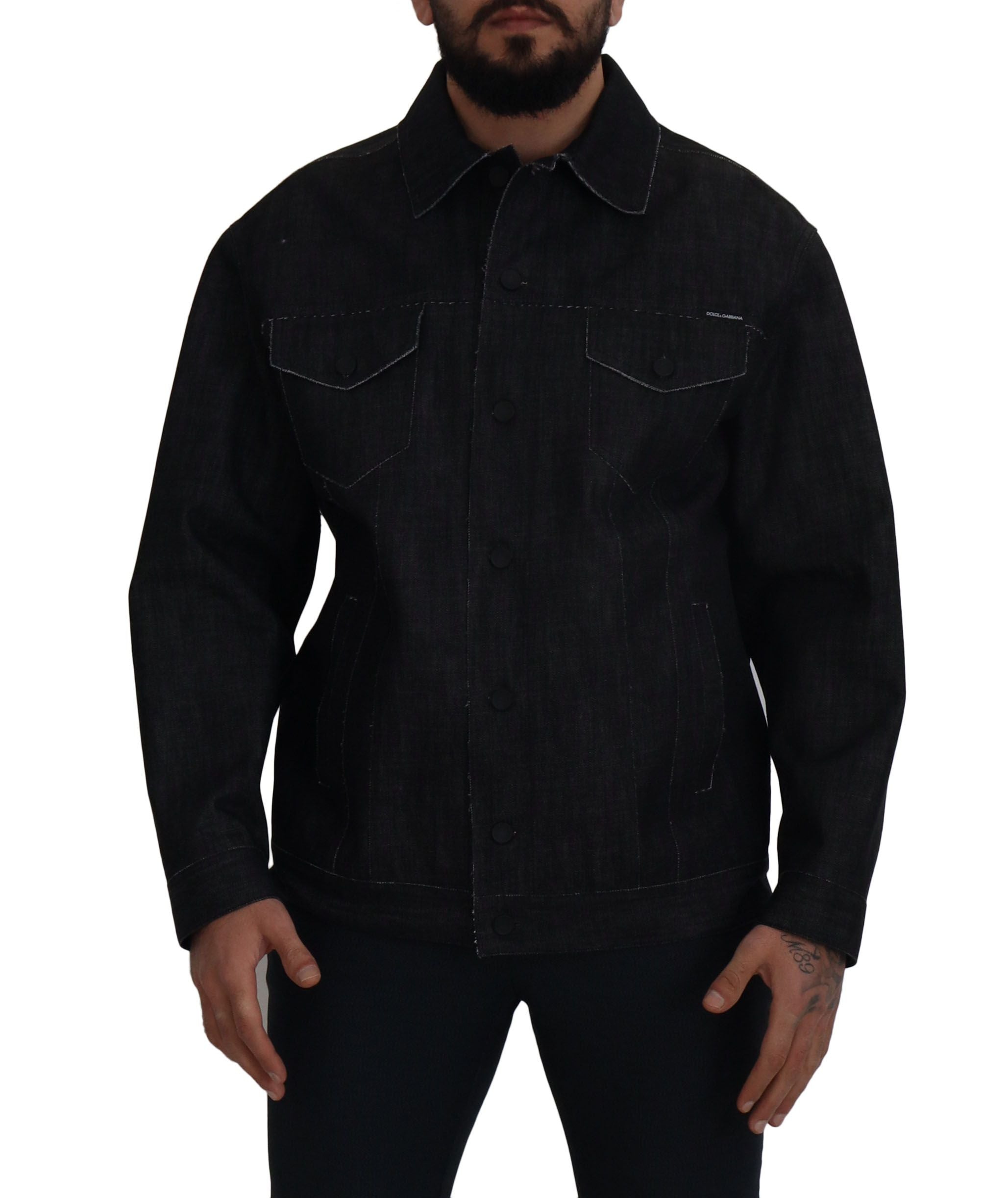 Zwarte katoenen denim jas met volledige knoopsluiting