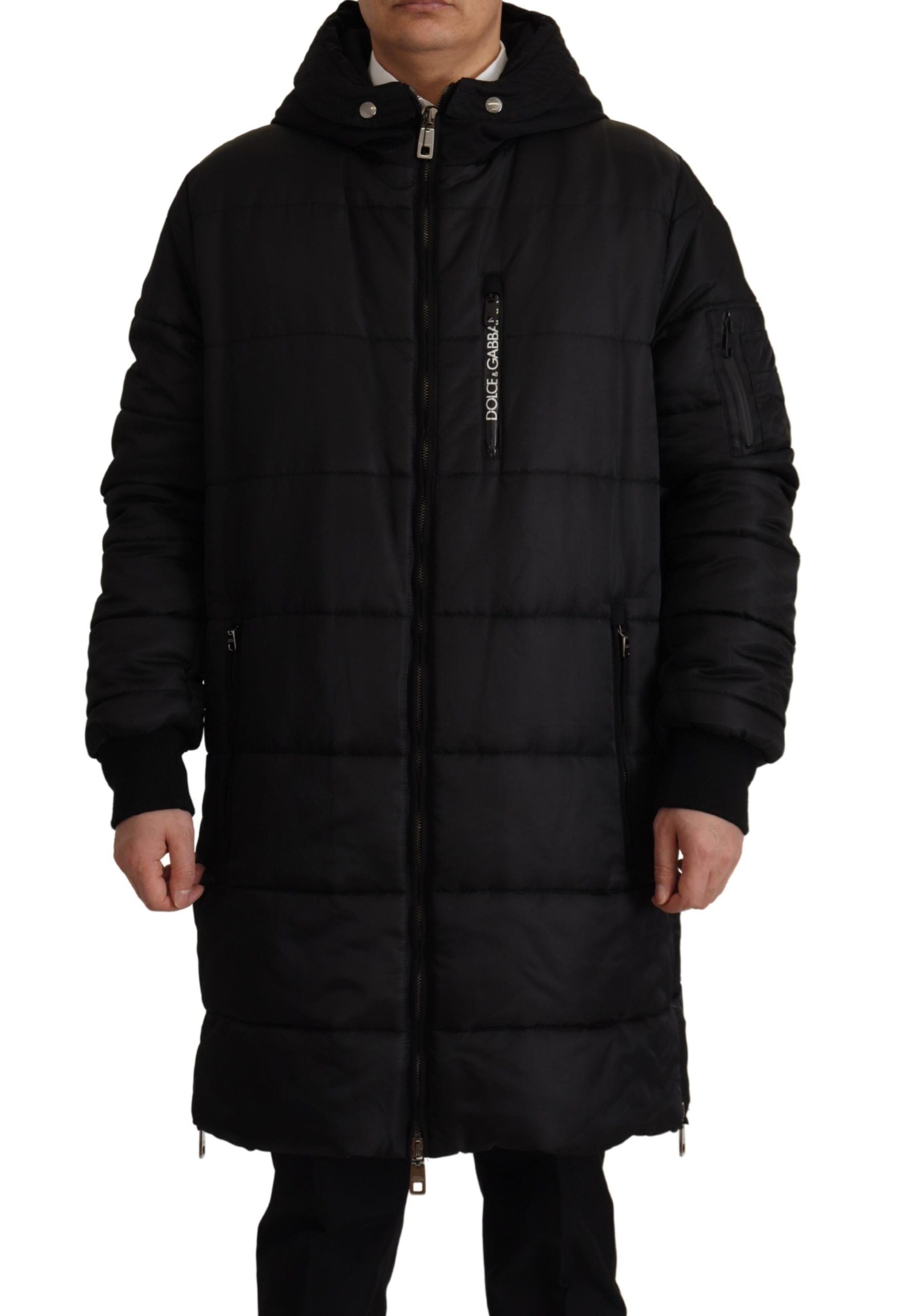 Zwarte nylon parka met capuchon, winterjas