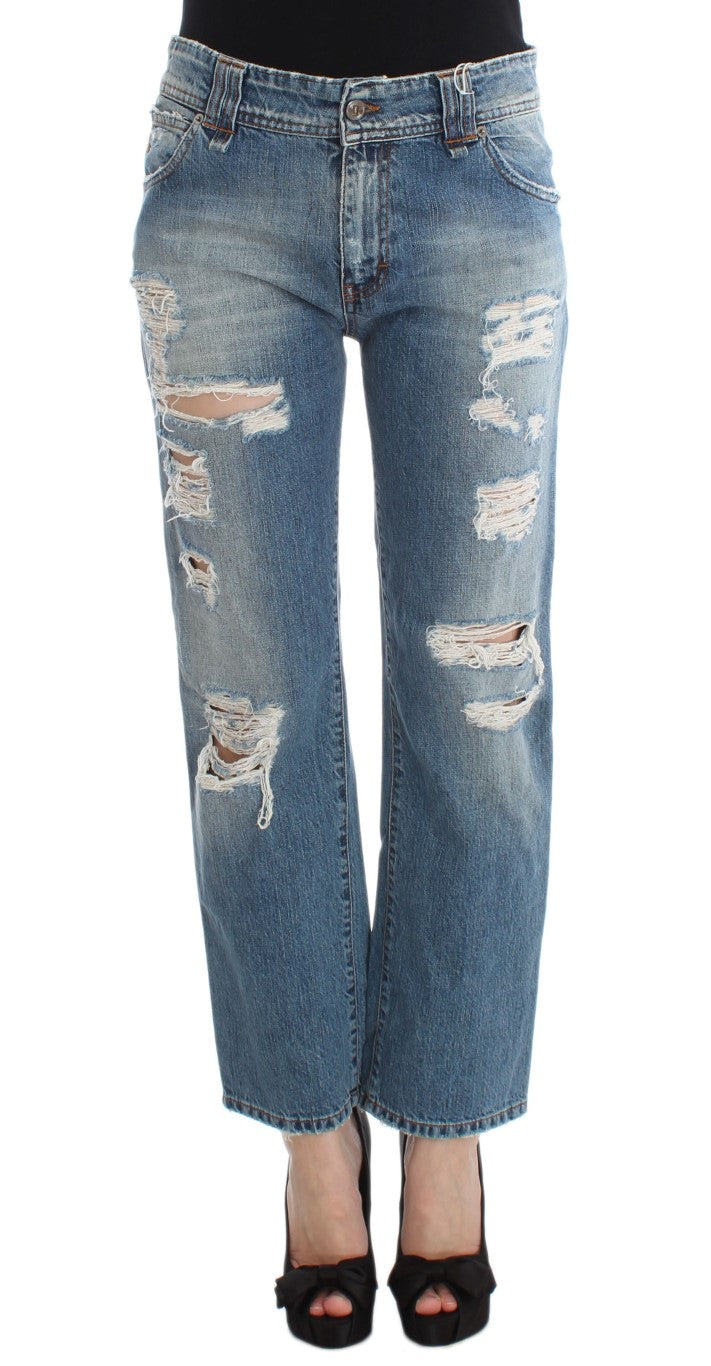 Blauwe katoenen boyfriend-fit cropped jeans