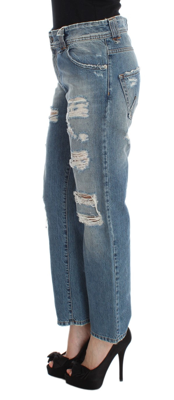 Blauwe katoenen boyfriend-fit cropped jeans