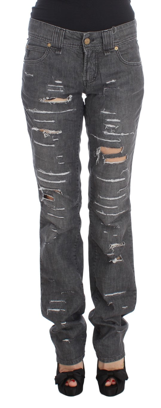 Grijze katoenen gescheurde rechte jeans
