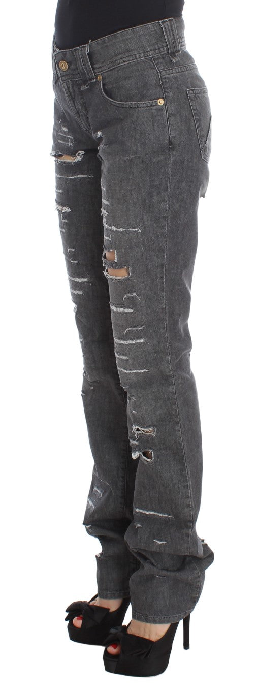 Grijze katoenen gescheurde rechte jeans