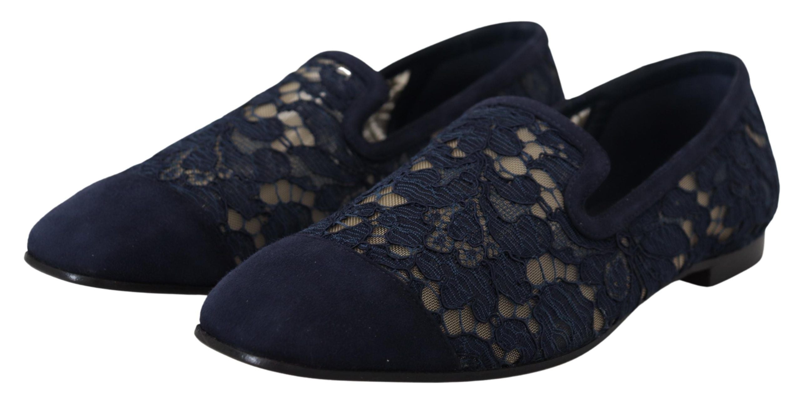 Blauwe bloemenkanten instappers loafers platte schoenen