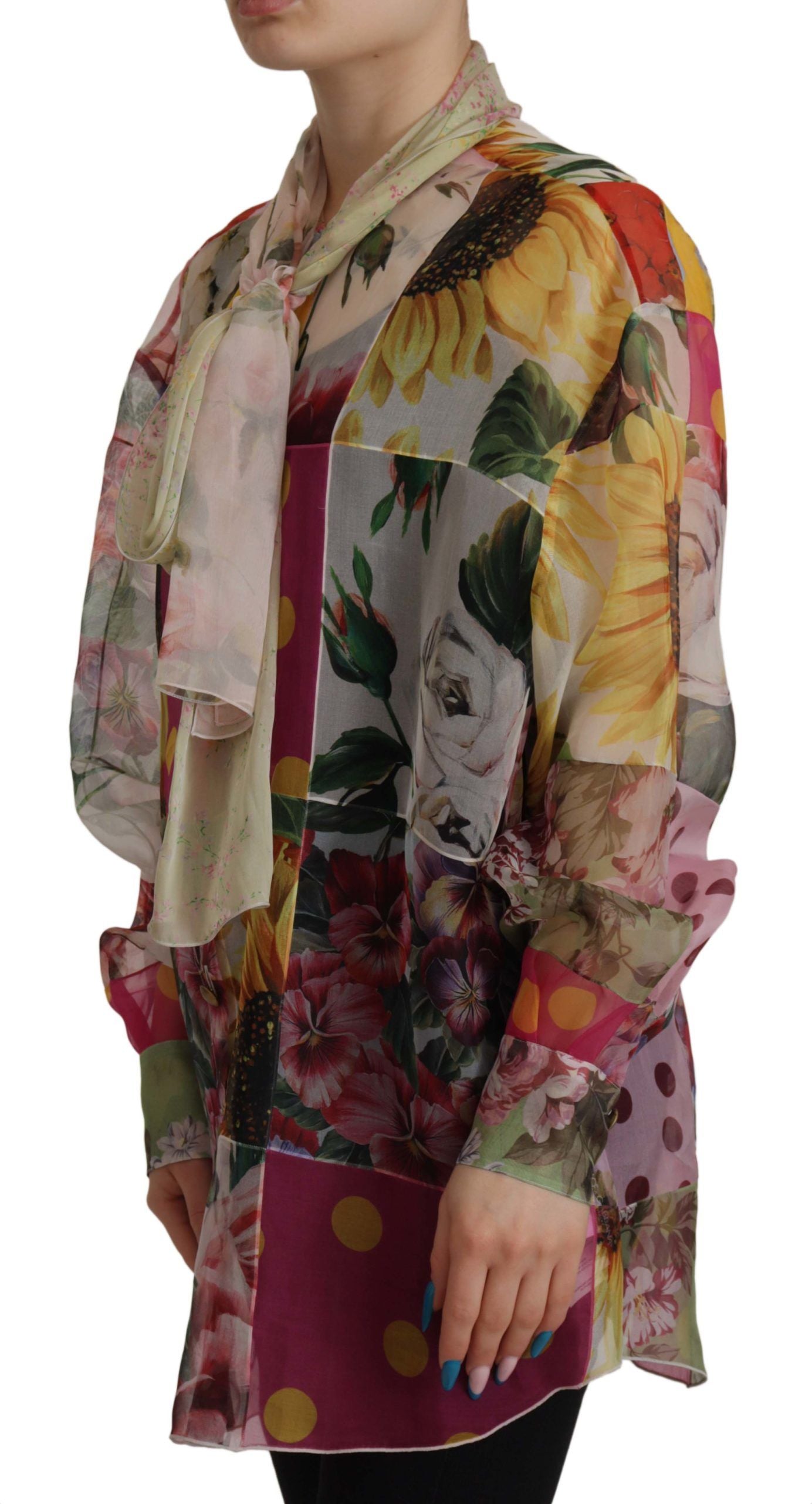 Veelkleurige Ascot kraag patchwork blouse top