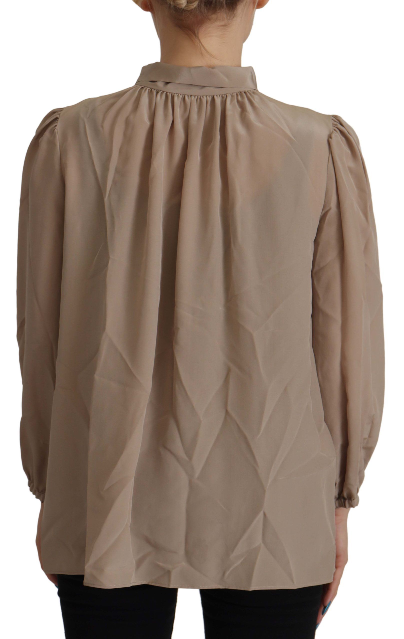 Bruine blouse met tailleband, mouwen en Ascot-kraag