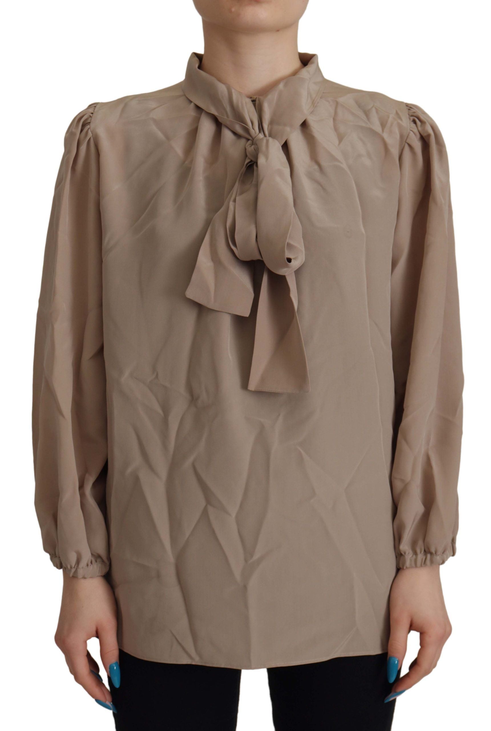 Bruine blouse met tailleband, mouwen en Ascot-kraag