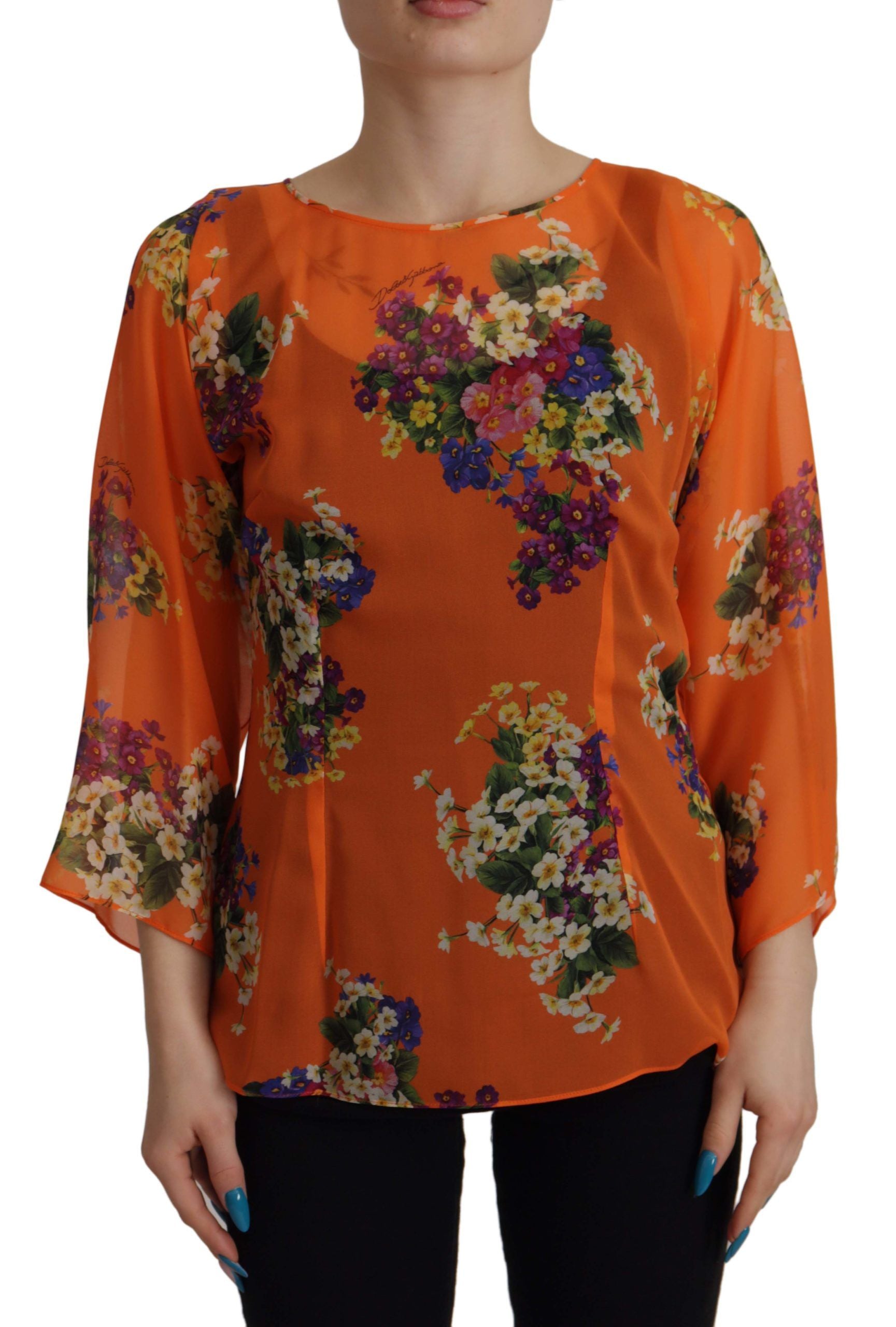 Oranje blouse met bloemenprint en lange mouwen