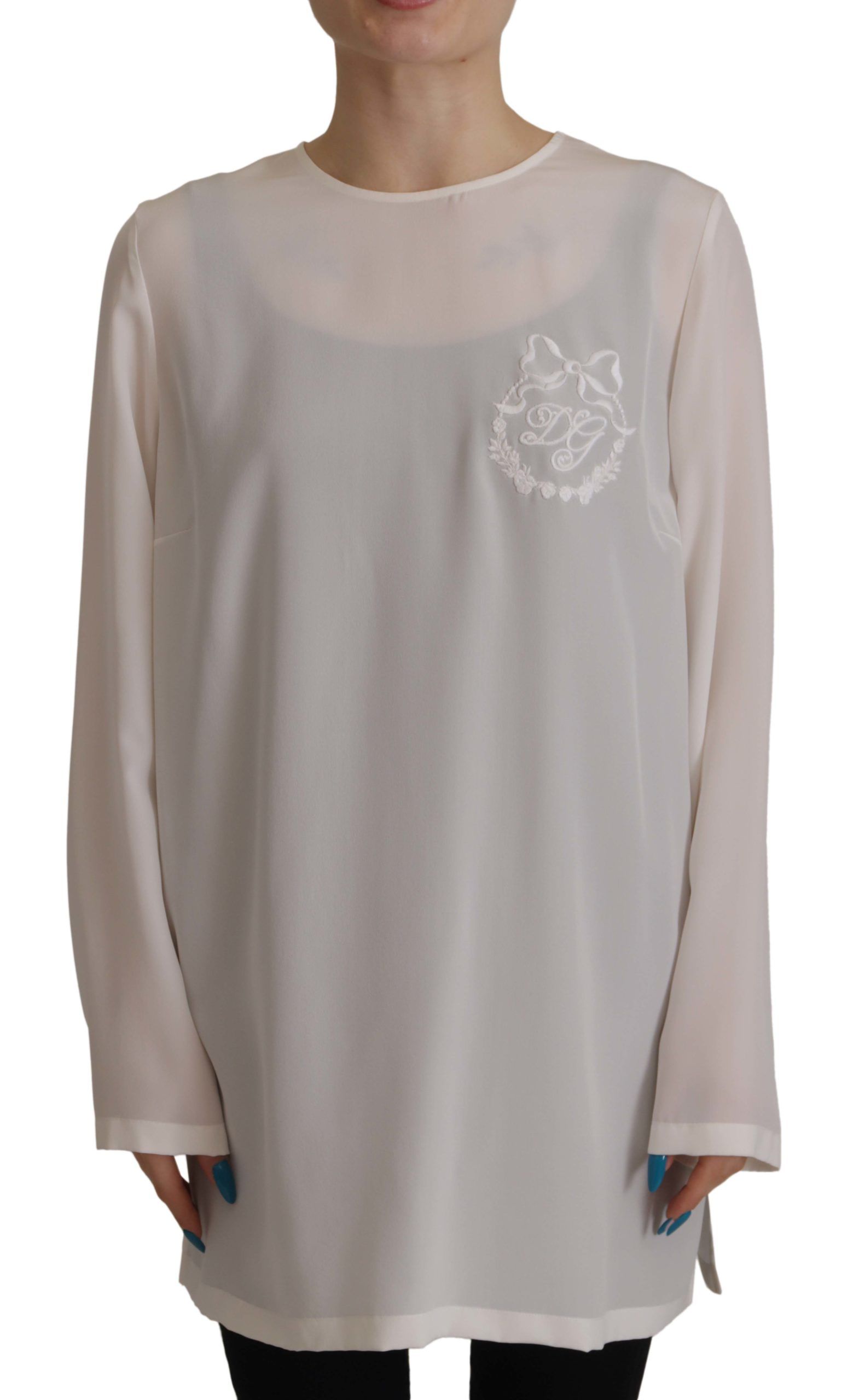 Witte zijden blouse met DG-logo en lange mouwen