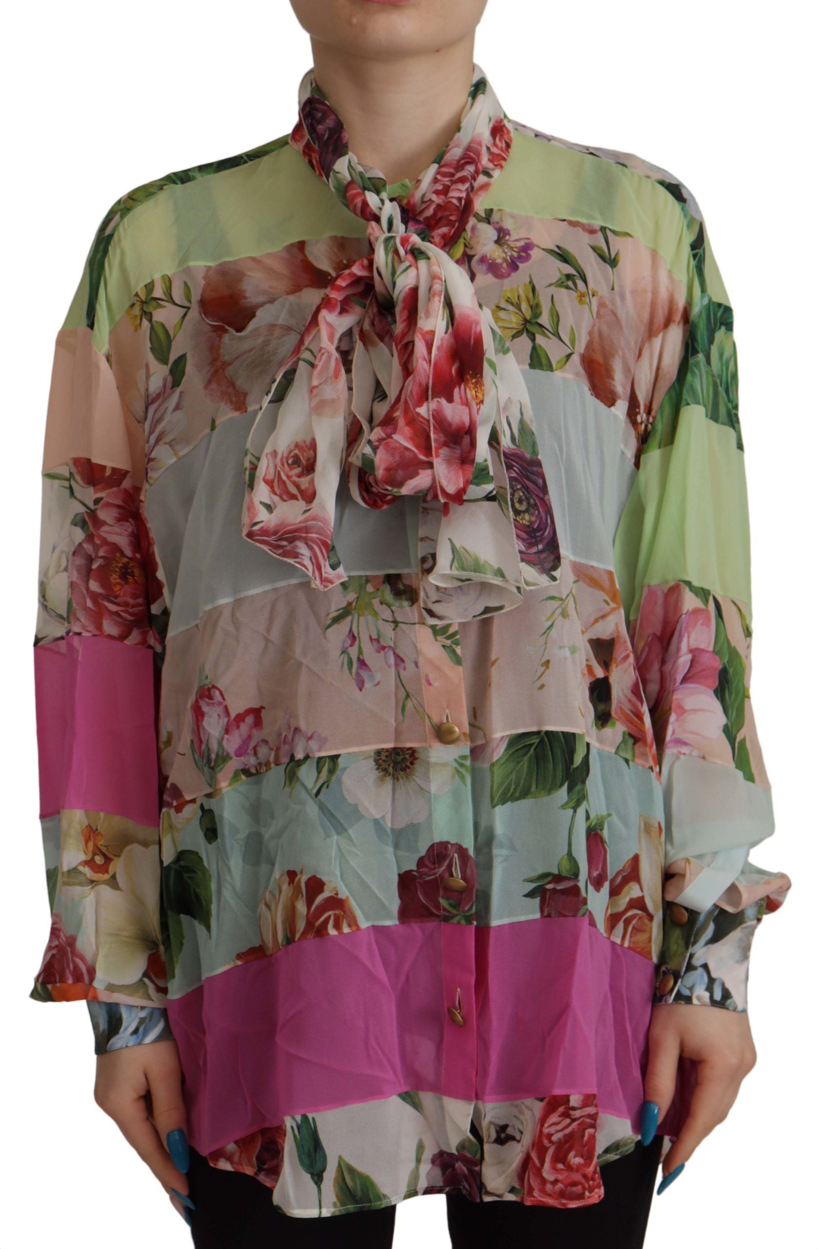 Blouse met veelkleurige bloemenpatchwork-ontwerp en Ascot-kraag
