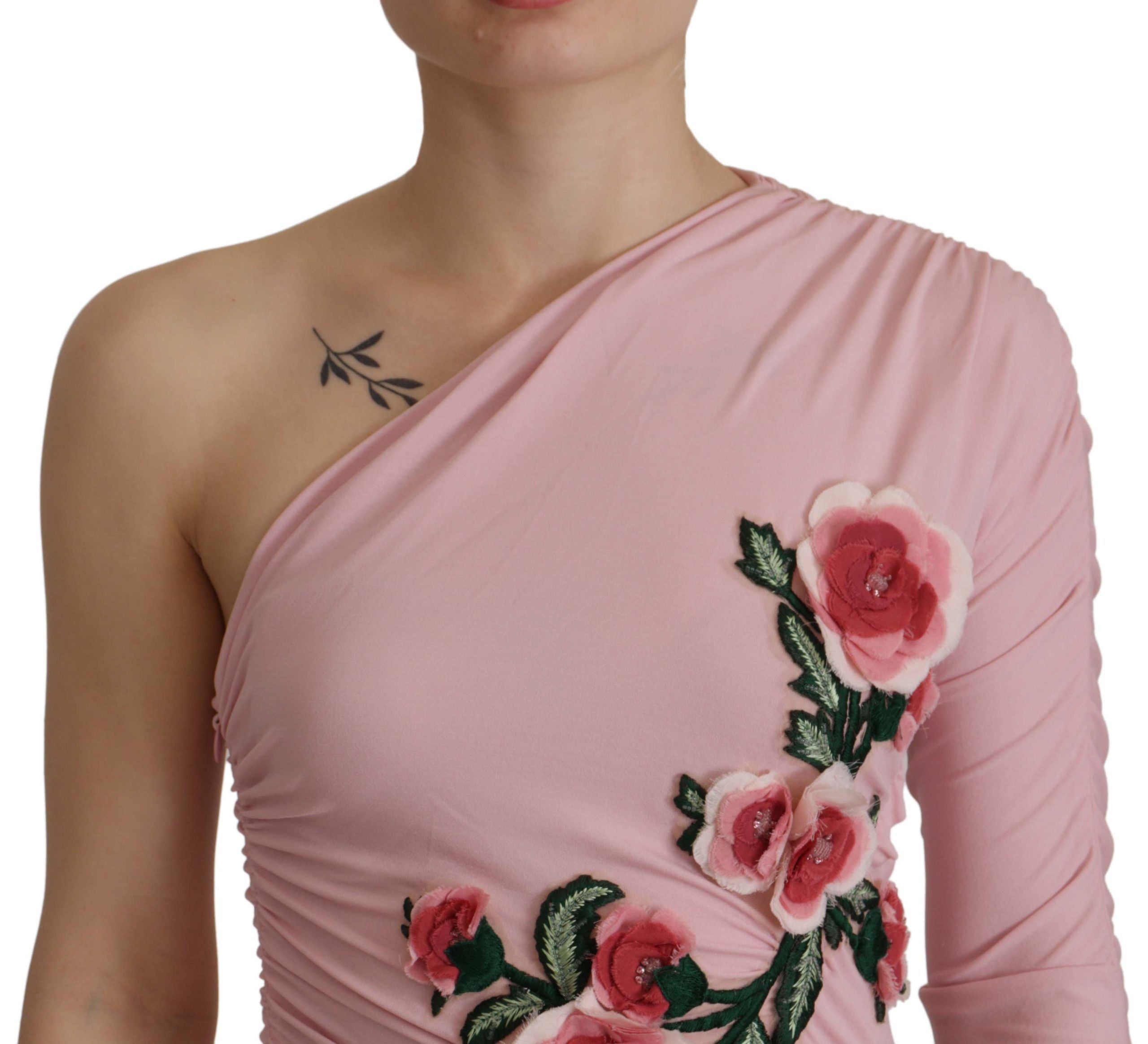 Roze bloemenversierde jurk met één schouder