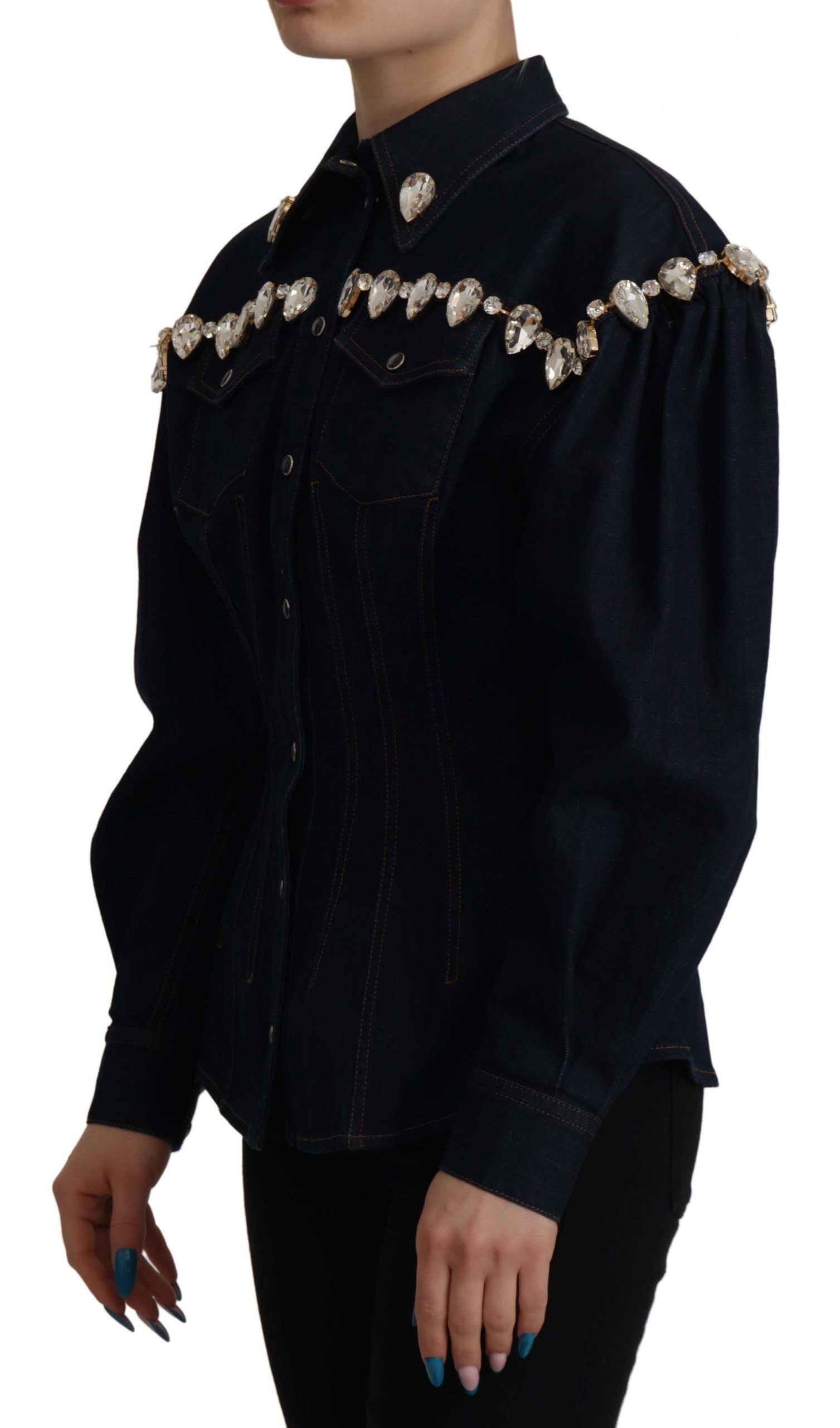 Blauwe denim kristal verfraaide katoenen jas