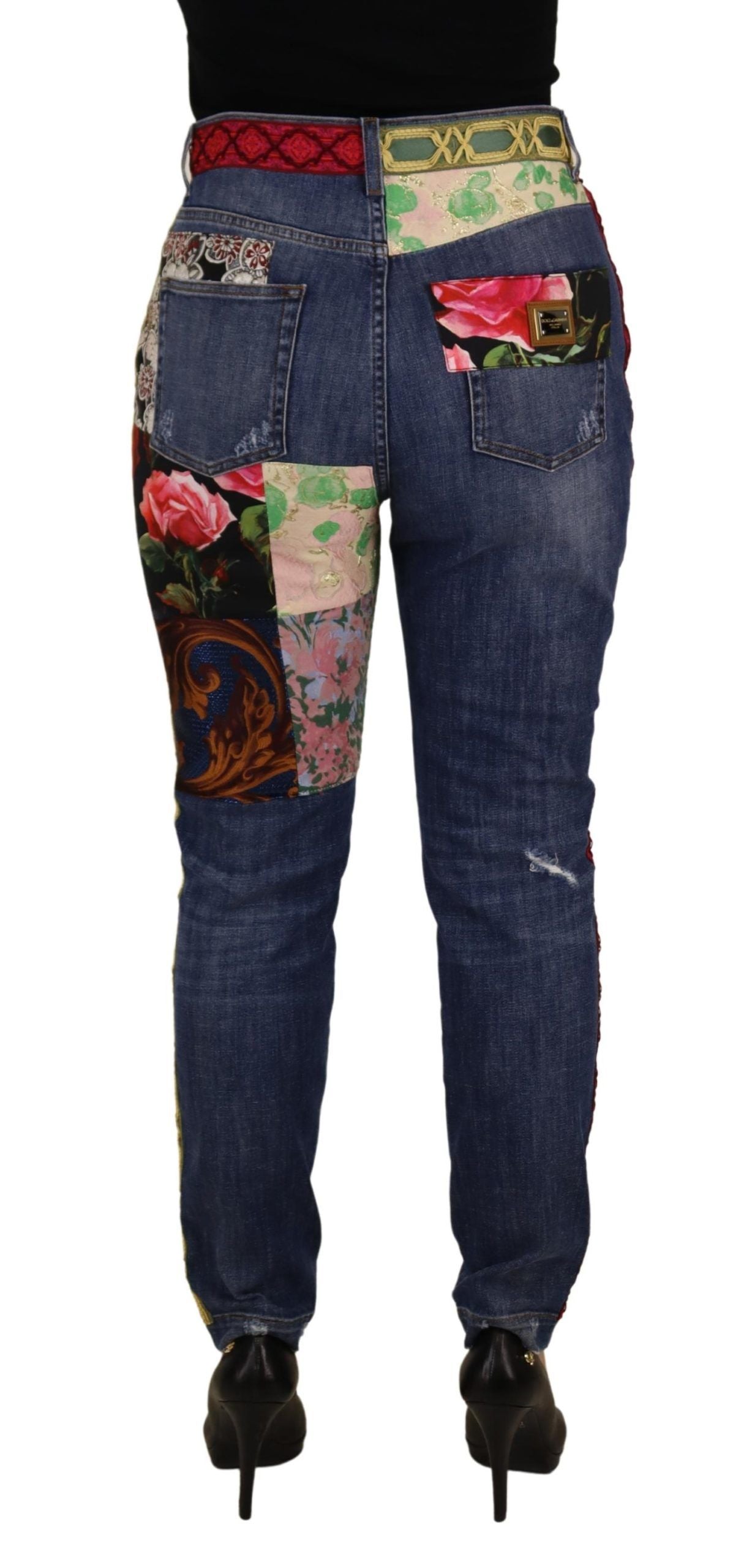 Blauwe patchwork jeans met hoge taille