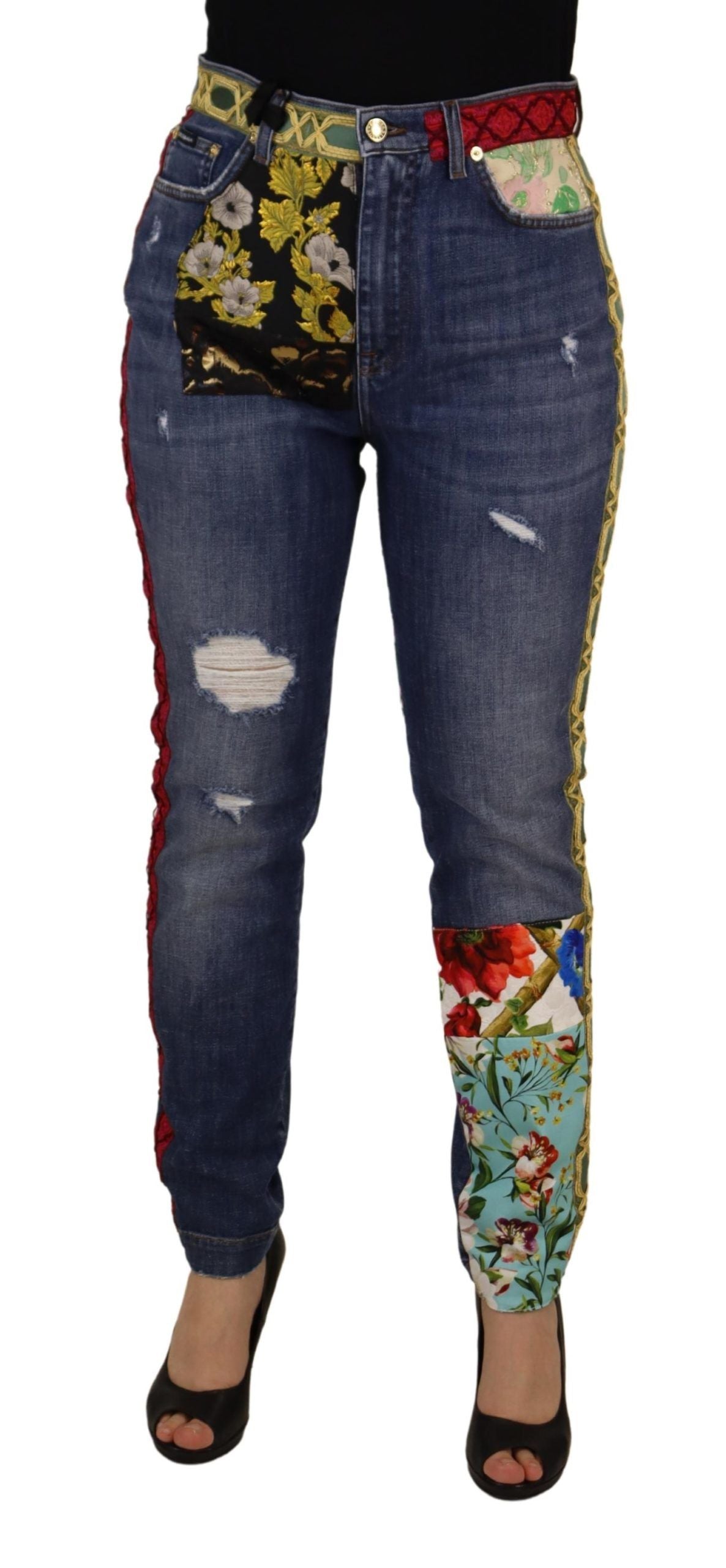 Blauwe patchwork jeans met hoge taille