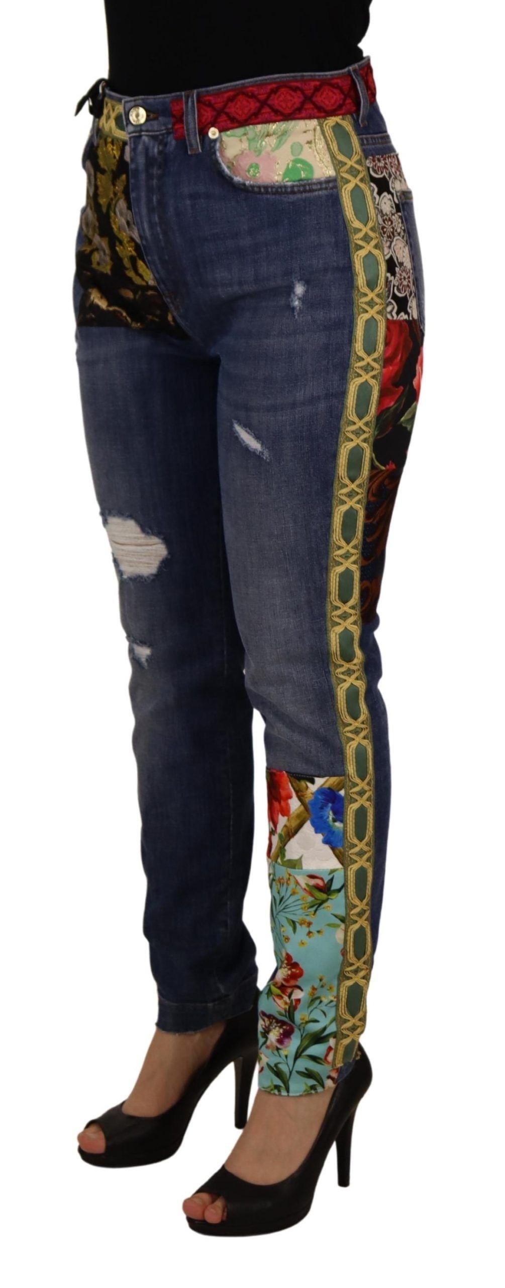 Blauwe patchwork jeans met hoge taille