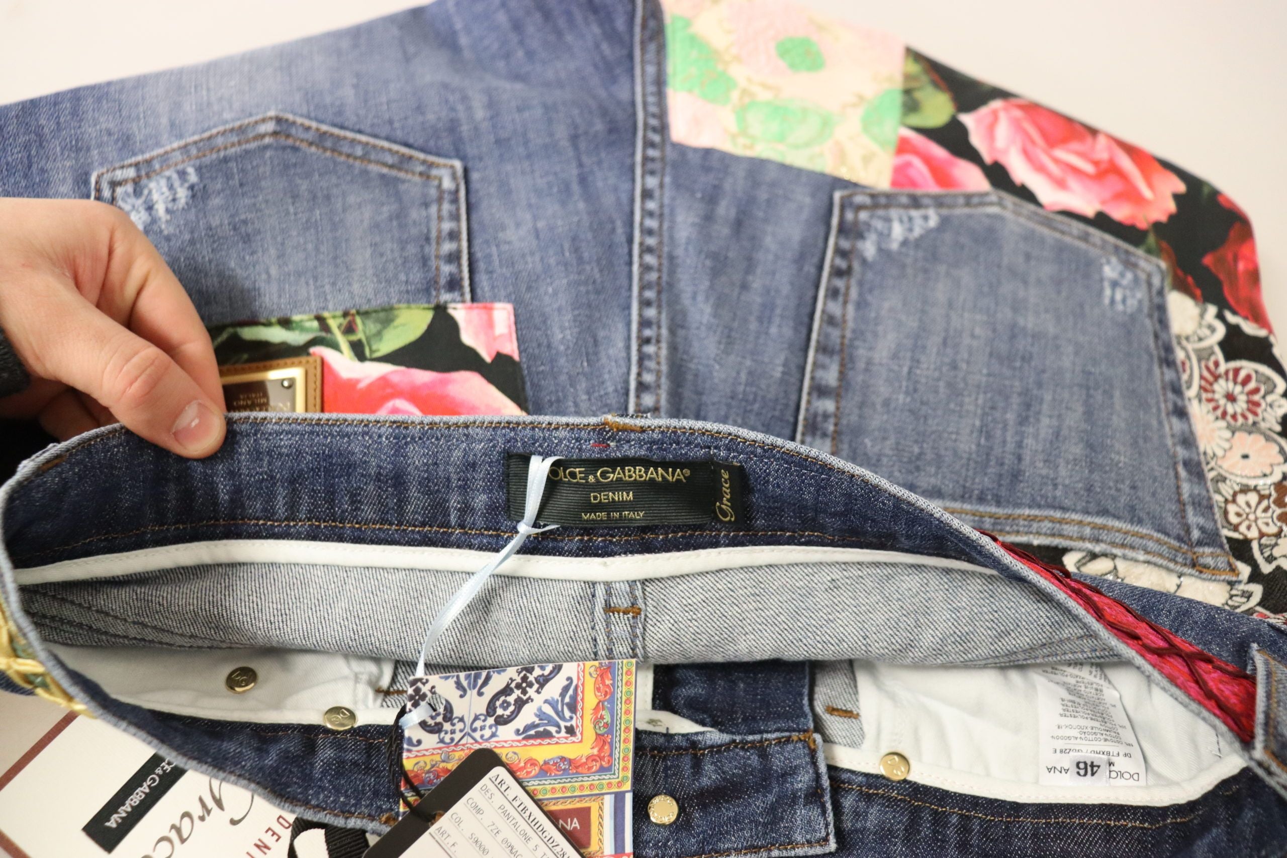 Blauwe patchwork jeans met hoge taille