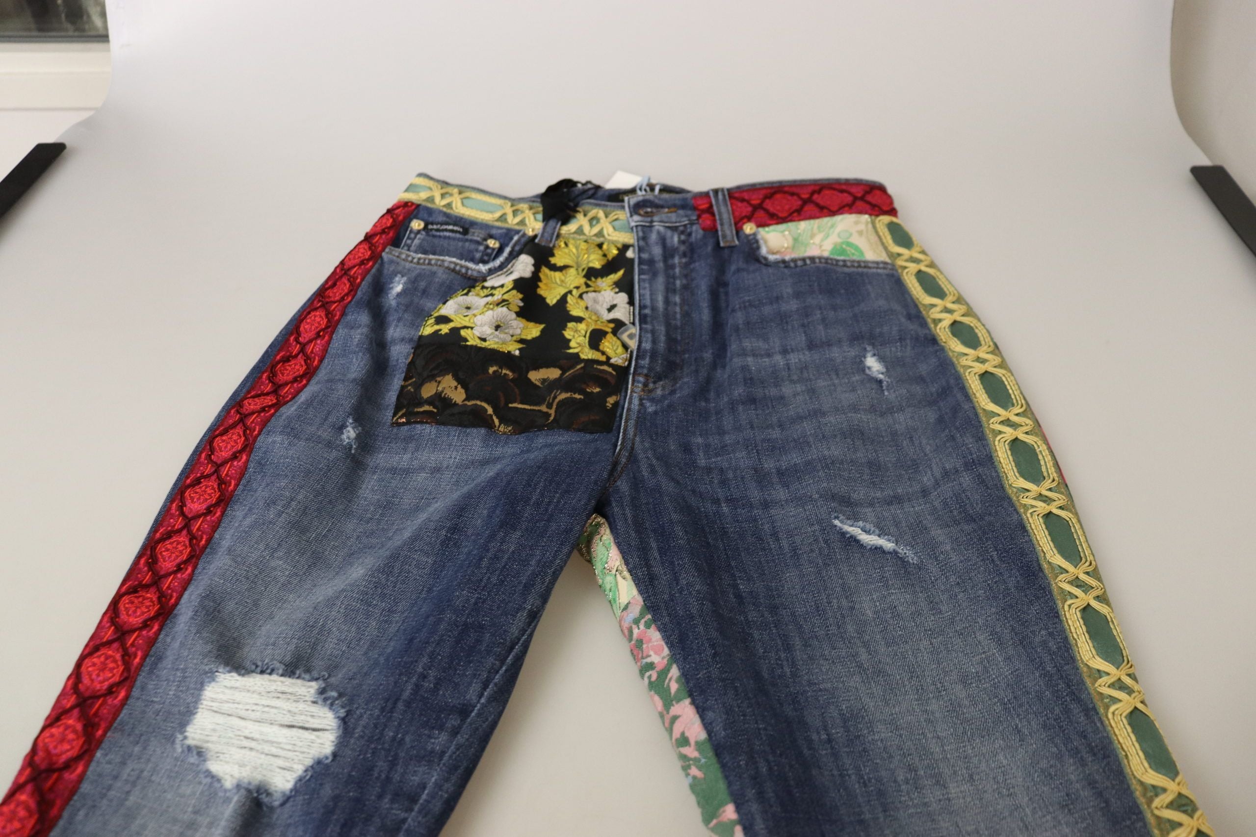 Blauwe patchwork jeans met hoge taille