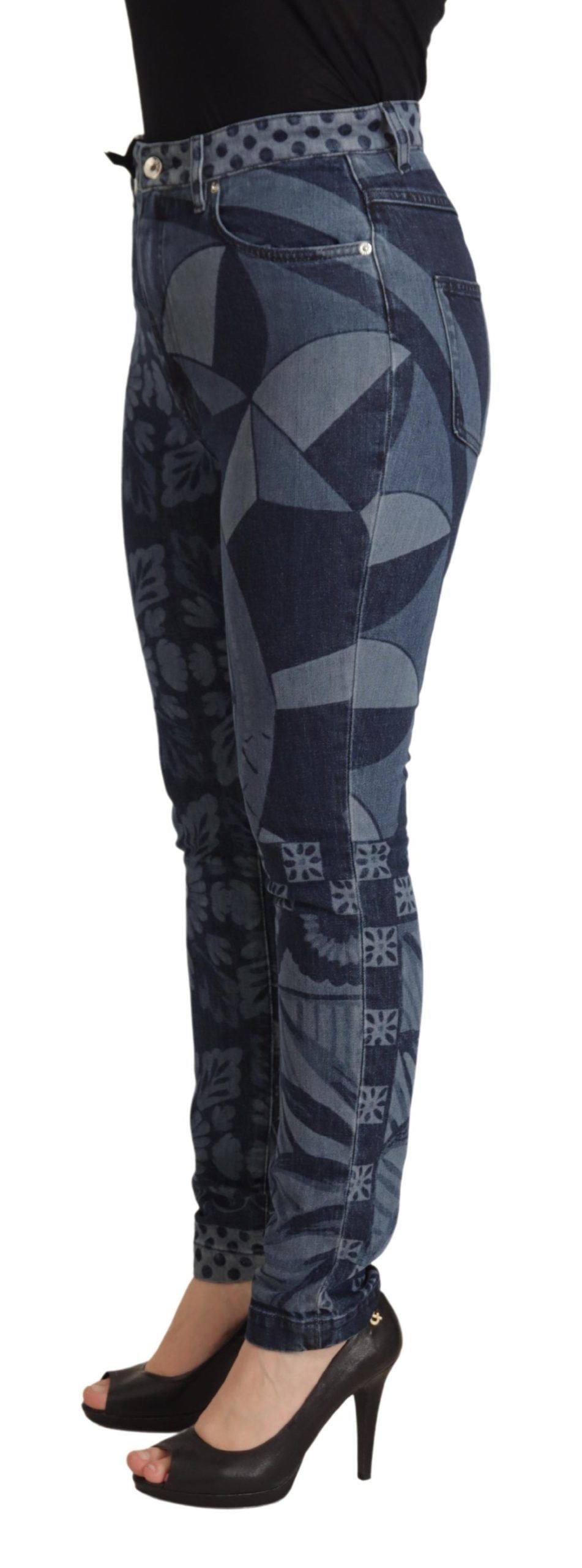 Blauwe skinny denim jeans met hoge taille en bloemenprint